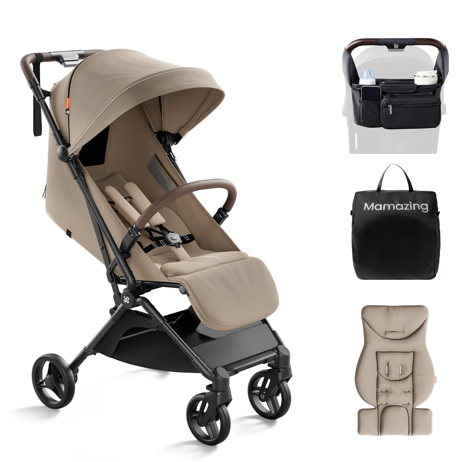 MAMAZING Ultra Air Lightweight Baby Travel Stroller with Carbon Fiber Frame, Compact & Airplane-Friendly, One-Handed Fold, 11.6 lbs, Perfect for Toddlers, Organizer & Cushion Included, Simply Taupe