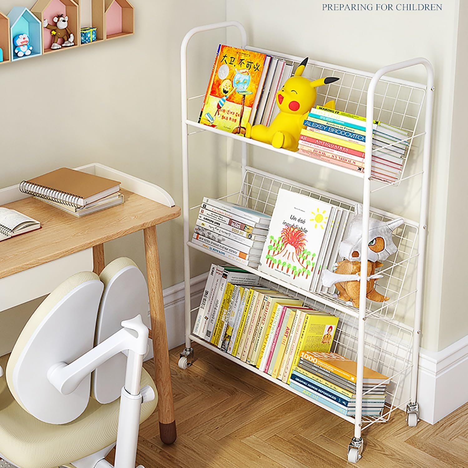 TUOYIBO Utility Storage Cart with Wheels, 3-Shelf Mobile Bookshelf, Metal Rolling Book Cart with Slant Shelves for Office and Home