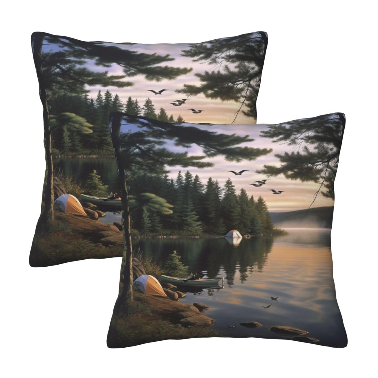 Camping Lake Throw Pillow Cases 2 Pack Square Pillowcases Soft Pillow Protectors for Couch Livingroom Sofa Bed Office Car,30x30 CM