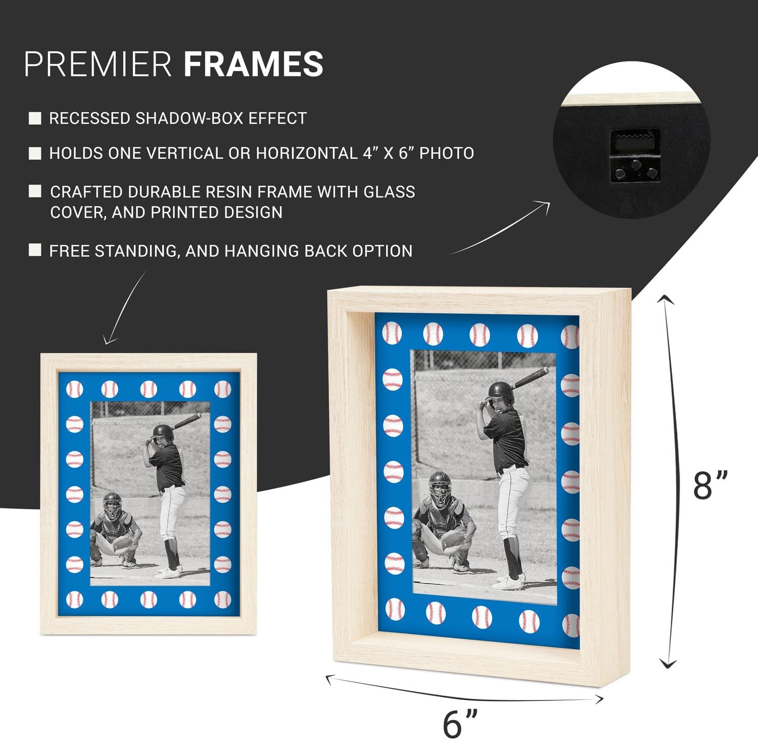 ChalkTalkSPORTS Baseball Picture Frame - Holds 4x6 Photo - Desk or Wall Display - Blue Baseball Pattern