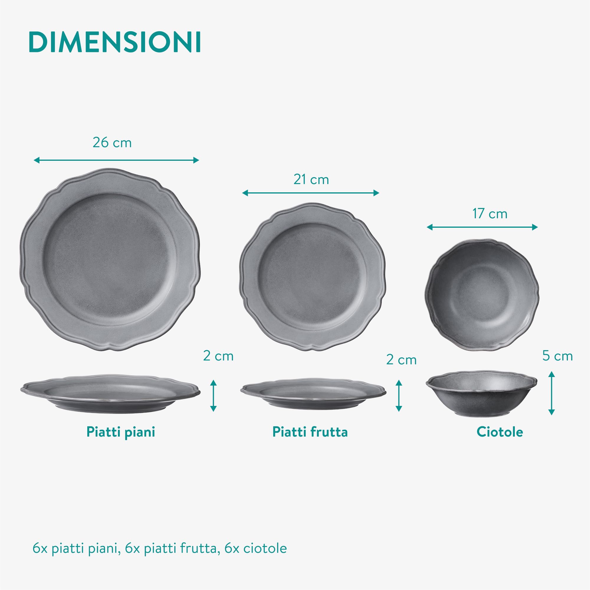 Navaris Set Piatti 18 Pezzi - Servizio Piatti Moderni di Porcellana per 6 Persone - Eleganti Decorativi e Resistenti - Adatto a Lavastoviglie e Microonde - Grigio