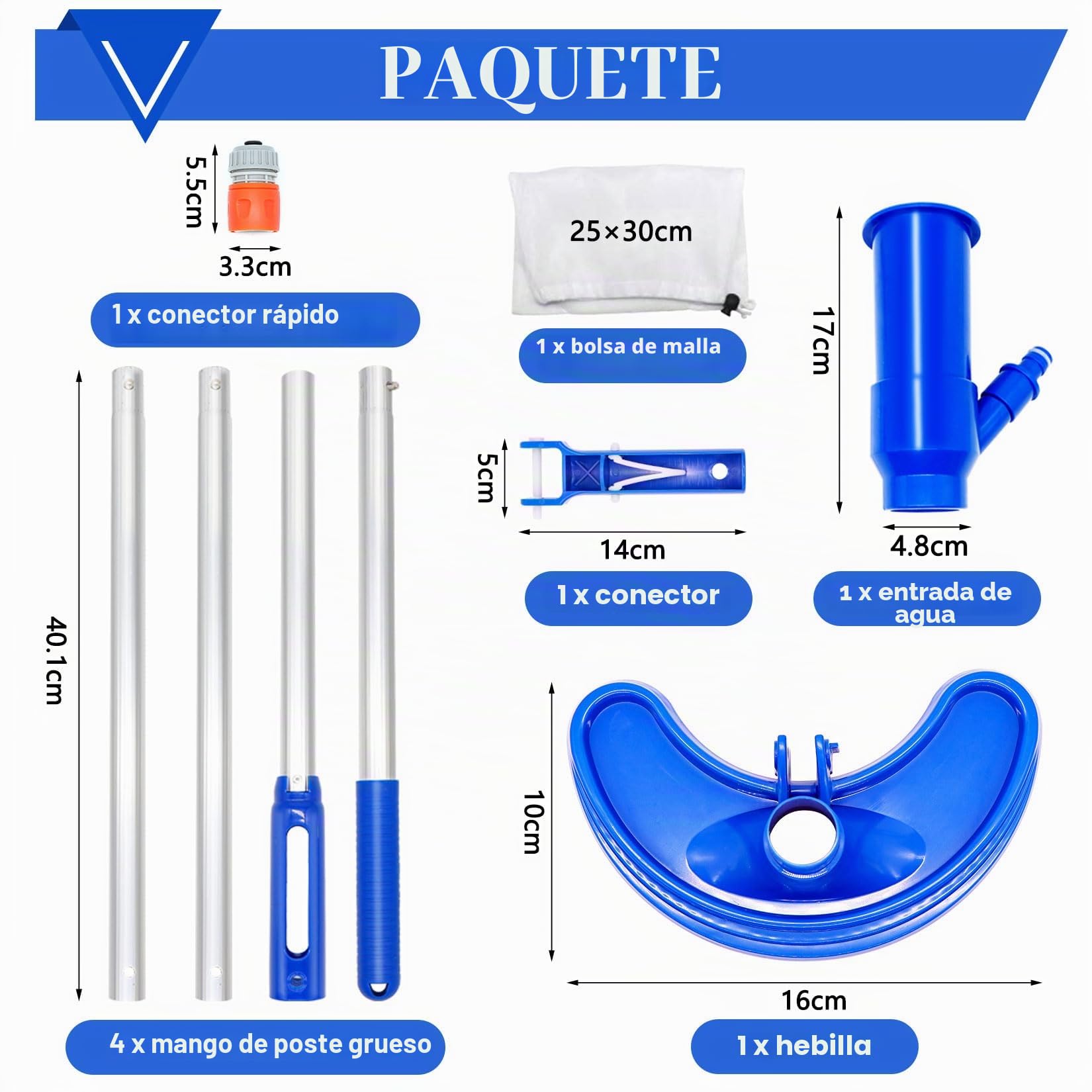 Idota Aspirador de piscina de 160 cm, juego de aspiradora de suelo para piscina con cepillo curvado ampliado, 4 barras de aluminio reforzadas y extendidas extraíbles, suelo de piscina, aspiradora para