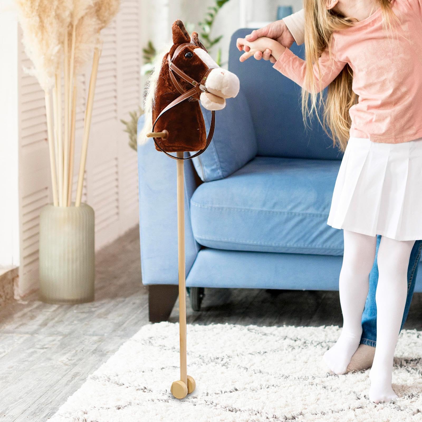Cavallo a Dondolo Bastone Effetti Neighing E Galoppo Manico Ruote Legno Giocattolo Peluche Fatto a Mano Adatto per Equitazione Bambini, caffè con le ruote, Taglia unica