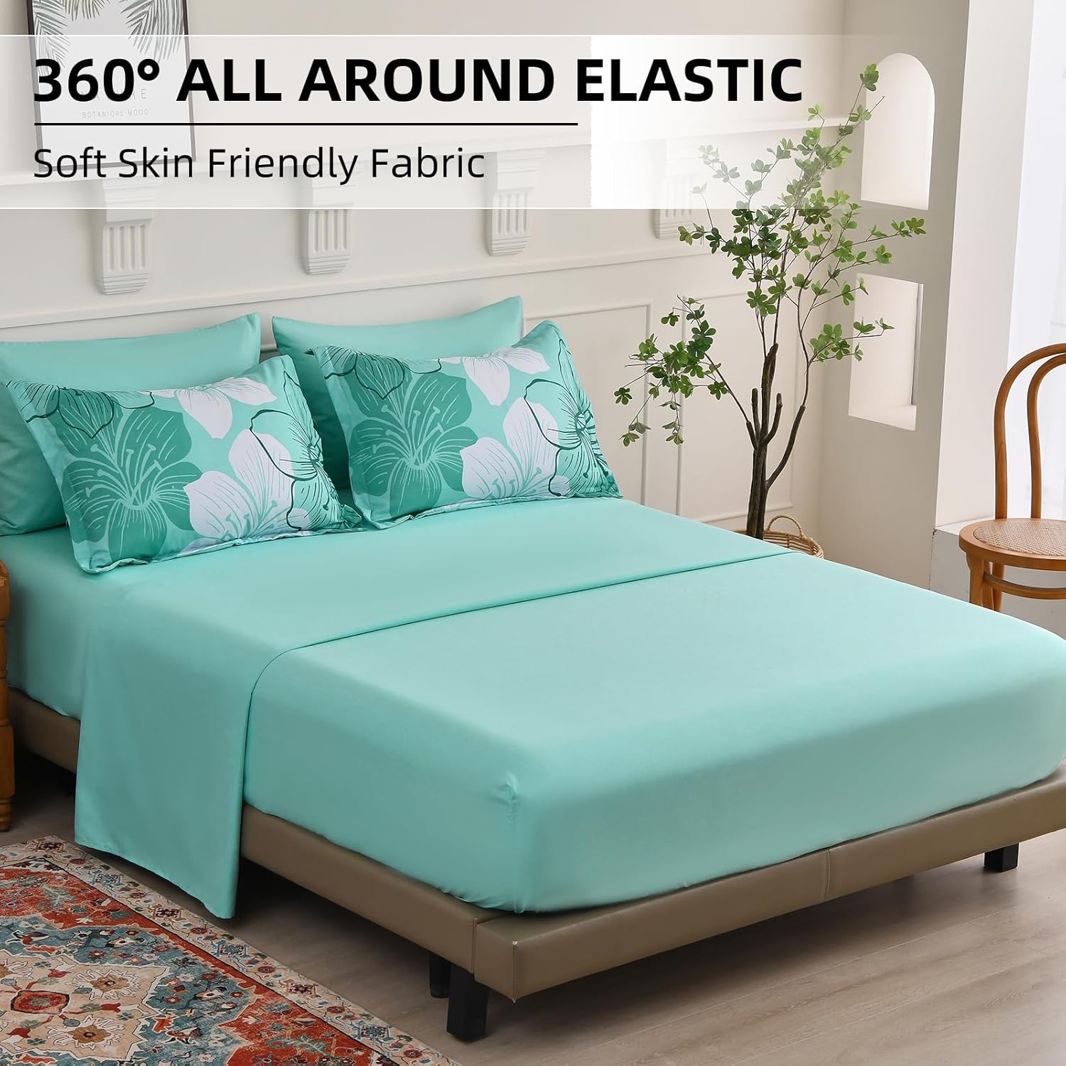 Luxudecor Floral Comforter Set Queen Size, 7 Pieces Bed in a Bag Aqua Floral Comforter and Sheet Set, Soft Microfiber Aqua Complete Bedding Sets for All Seasons - Image 6