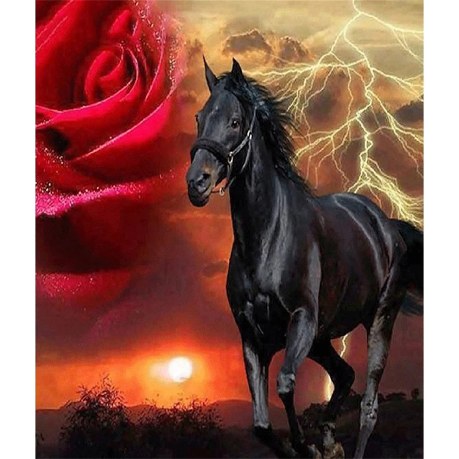 DIY 5D Diamante Pintura por Número Kit, caballo y flor Bricolaje Diamond Painting taladro completo Rhinestone Bordado de Punto de Cruz Artes Lienzo Decoración de Pared Regalo 60x80cm/24x32inch Round
