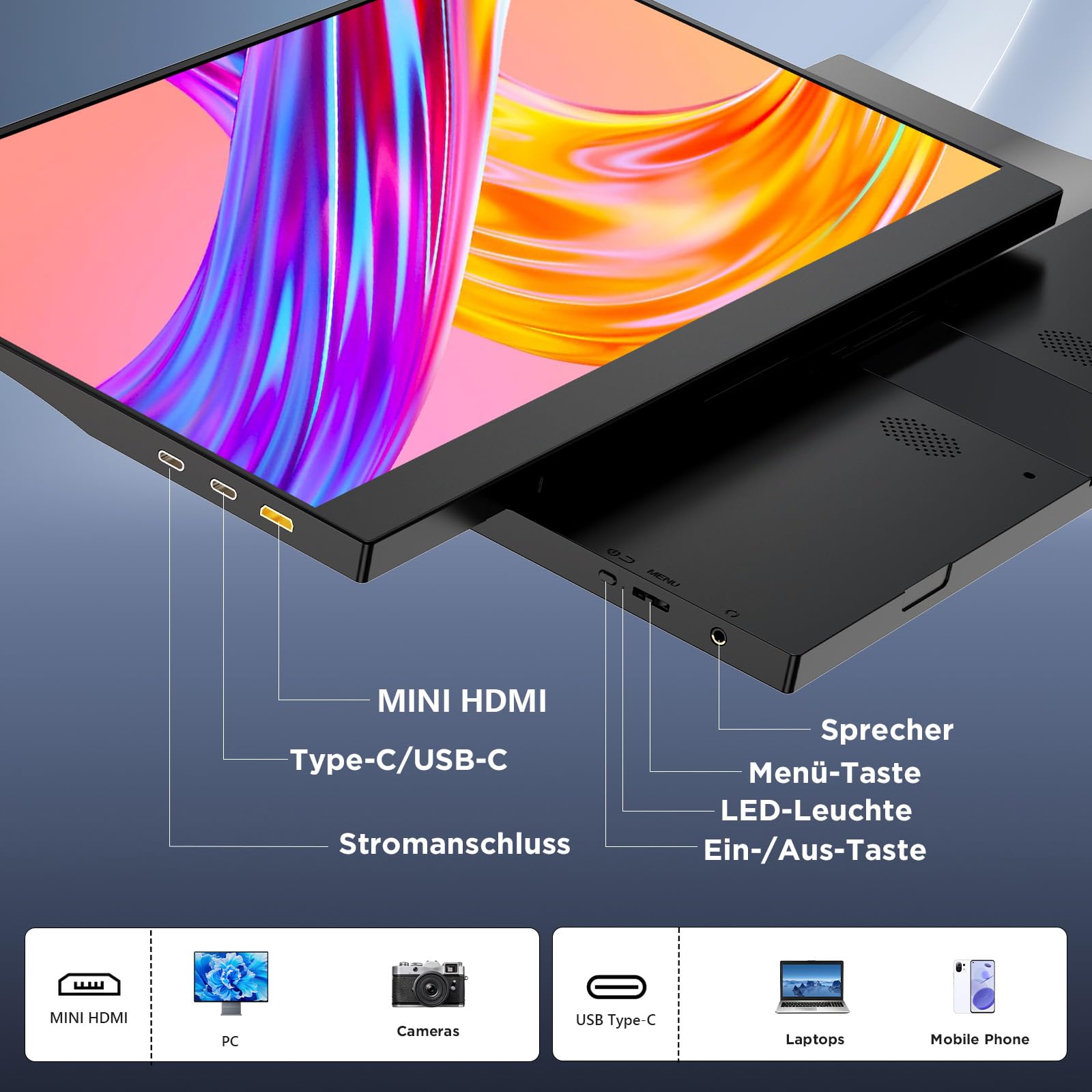 15,6'' Portable Monitor, 1080P FHD Tragbarer Monitor mit Ständer, Mobiler Monitor IPS Bildschirm mit Lautsprechern, Ultra-Dünner Zweitbildschirm für Laptop/PC/Mac/PS4/Switch-USB-C & HDMI Anschluss