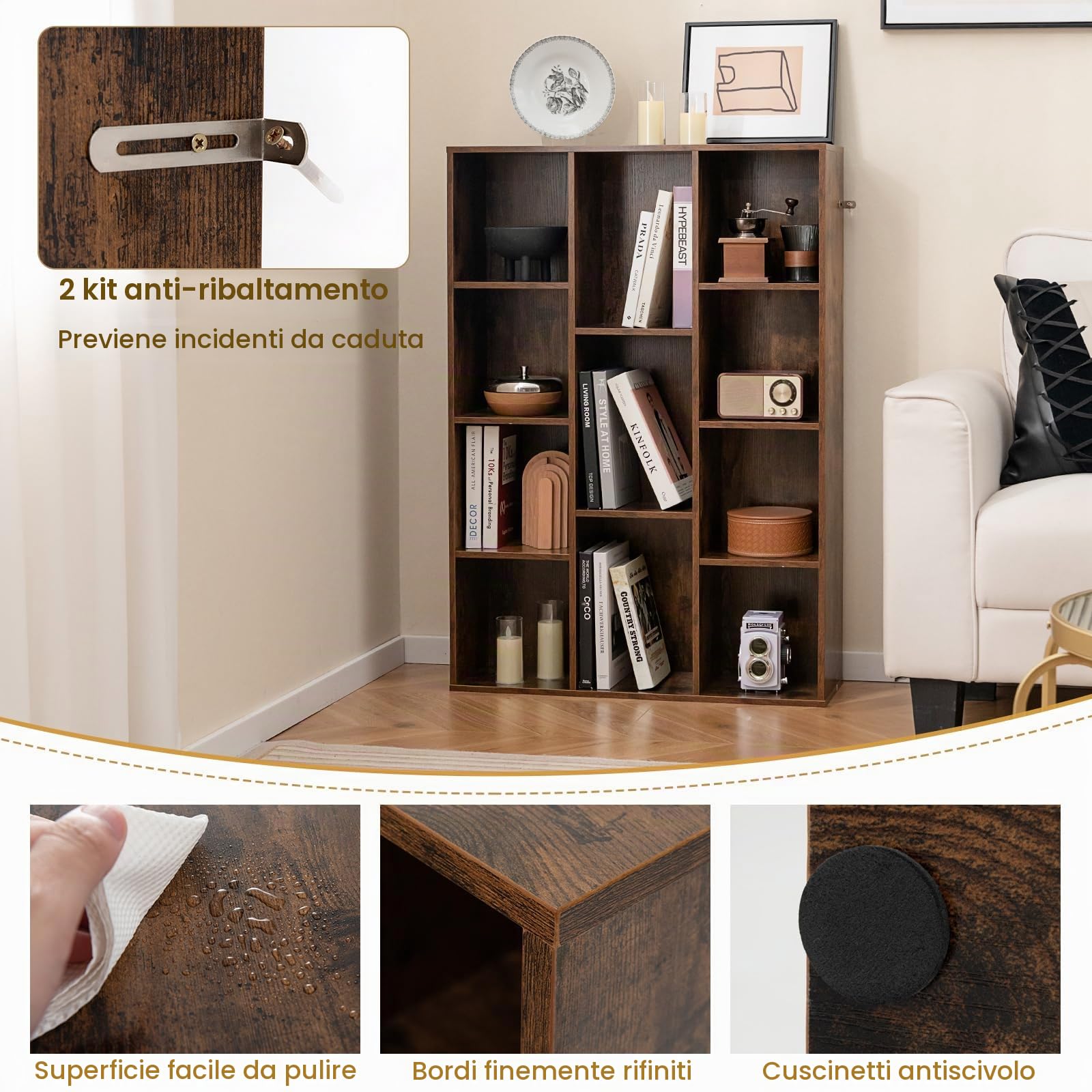 KOMFOTTEU Libreria Aperta con 11 Scomparti, Libreria a Cubi, Arredamento Casa, Scaffale da Ufficio, 74 x 24 x 106 cm (Marrone)