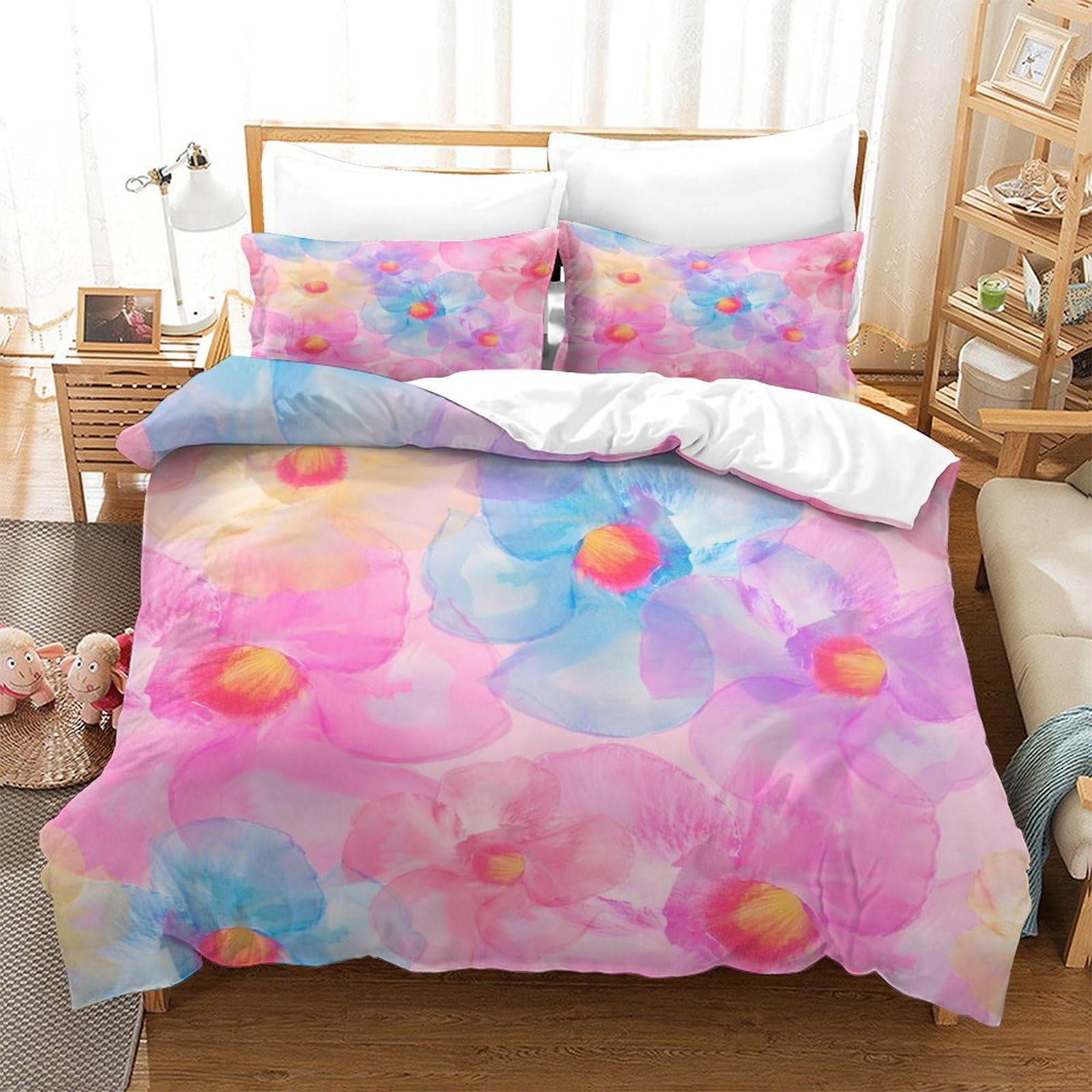 GDEKCIEAS Floral Tropical Flowers Duvet Cover Comforter Cover for Teens Adults Kids Bedding Set Breathable 3 Pieces Decorative Bed Cover Single（140x200cm）