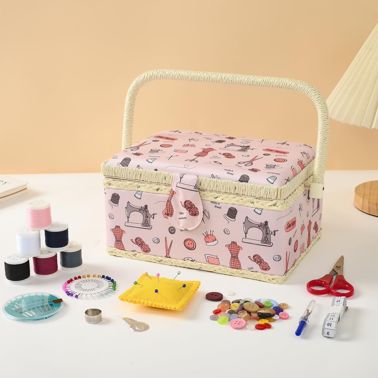 Cesta de costura, caja de costura mediana para suministros de costura, caja organizadora de costura, kit de costura, regalo de Navidad para entusiastas de la costura (rosa pastel)