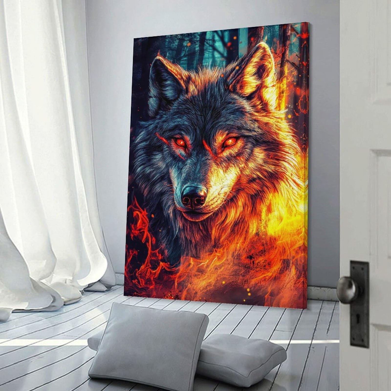 Junmoney Fiery Wolf in A Dark Forest Canvas Art Print, 24x36inch(60x90cm), for Hallway, Bedroom Or Modern Interiors, A Wall Art Gift for Fresh Interiors