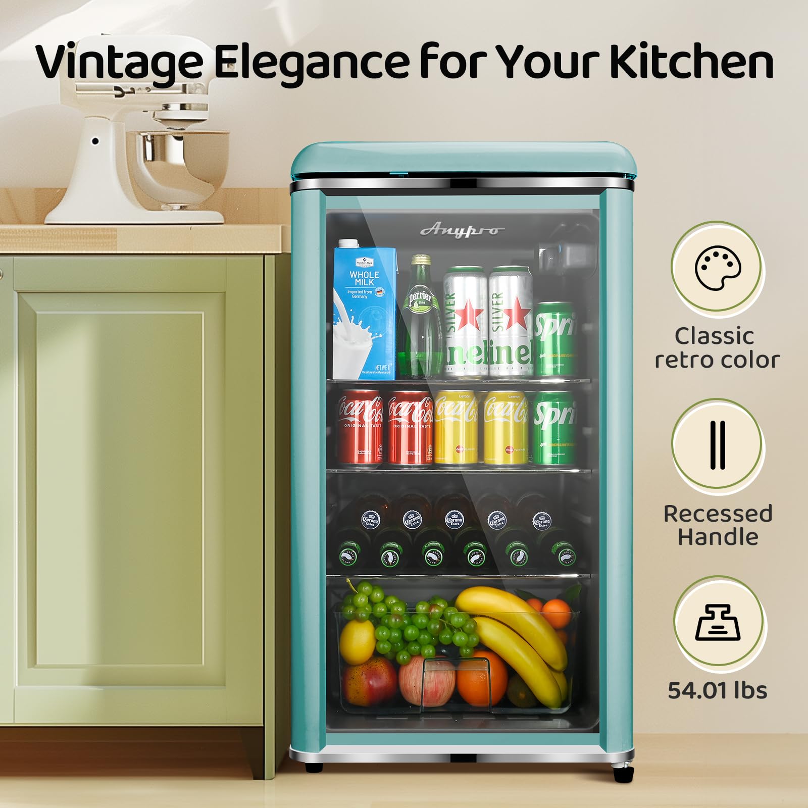 Anypro 4.9 Cu.Ft Retro Small Beverage Refrigerator Cooler With Double Tempered Glass Door, 120 Can Wine Drink Beer Mini Fridge For Office Bedroom Bar With 7 Temperatures, Adjustable Shelves, Blue on Fridge.com - View 2