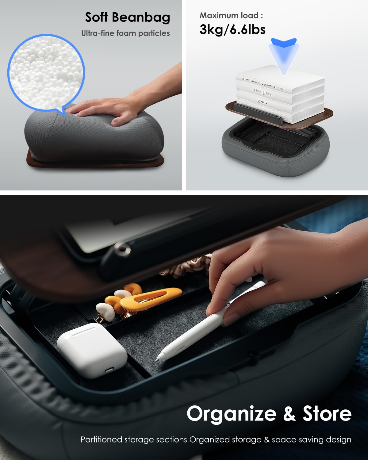 Viozon Cuscino per libri con contenitore, cuscino da lettura regolabile con pannello in legno scuro, supporto multi-angolo per leggere a mani libere a letto o divano, essenziale per gli amanti dei