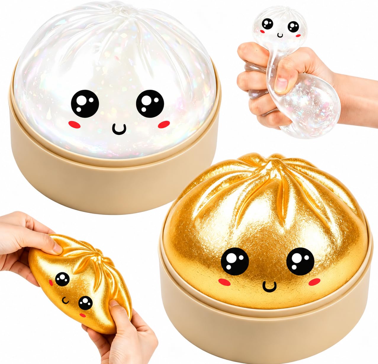 2pcs Giant Glitter Dumpling Squishy Toy Set with Steamer Box