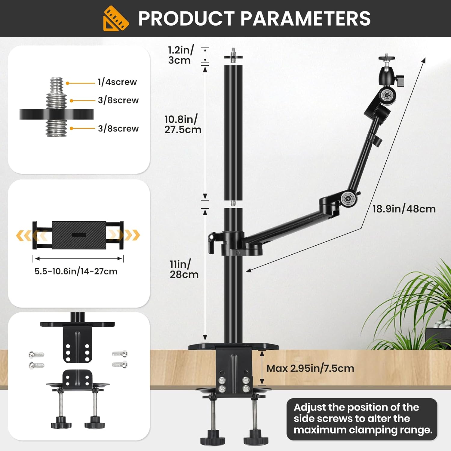 TARION Camera Arm Desk Mount: Heavy Duty DSLR Desktop Mount Camera Stand with Tablet Holder Double C Clamp 1/4 3/8 Screw Adapter Articulating Arm for Selfie Streaming Videography TitanRig Lite Z