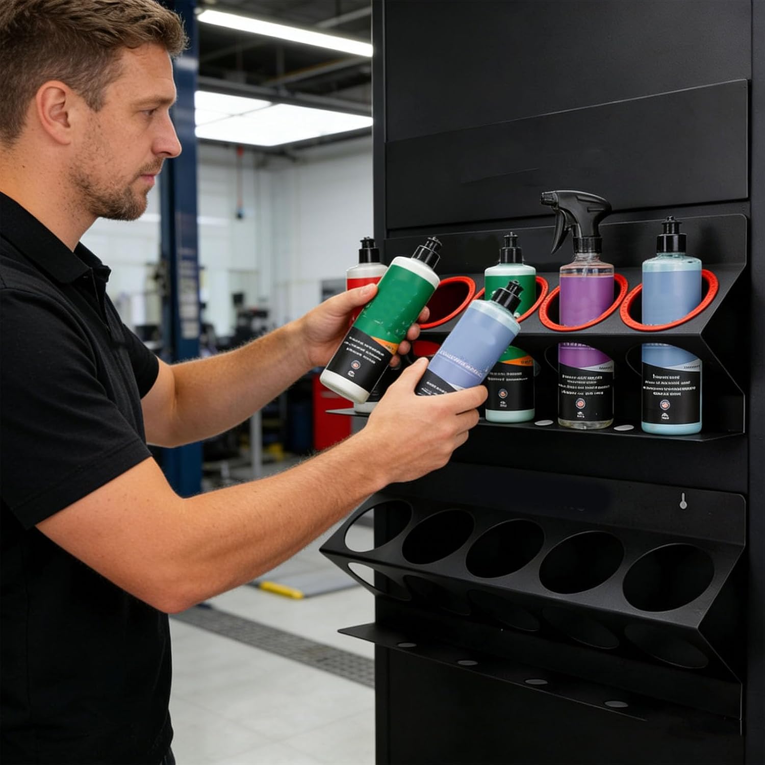 Wall Mountable Garage Storage Structure Organizes 5 Sprinkle Bottles and Tools Includes 4 Extra Cavities for Addons Constructed of Strong Metal Bottle Planner