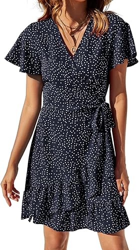 Naggoo Women's Summer Wrap Dresses V Neck Polka Dot Print Ruffle Short Sleeve Mini Floral Boho Dress with Belt
