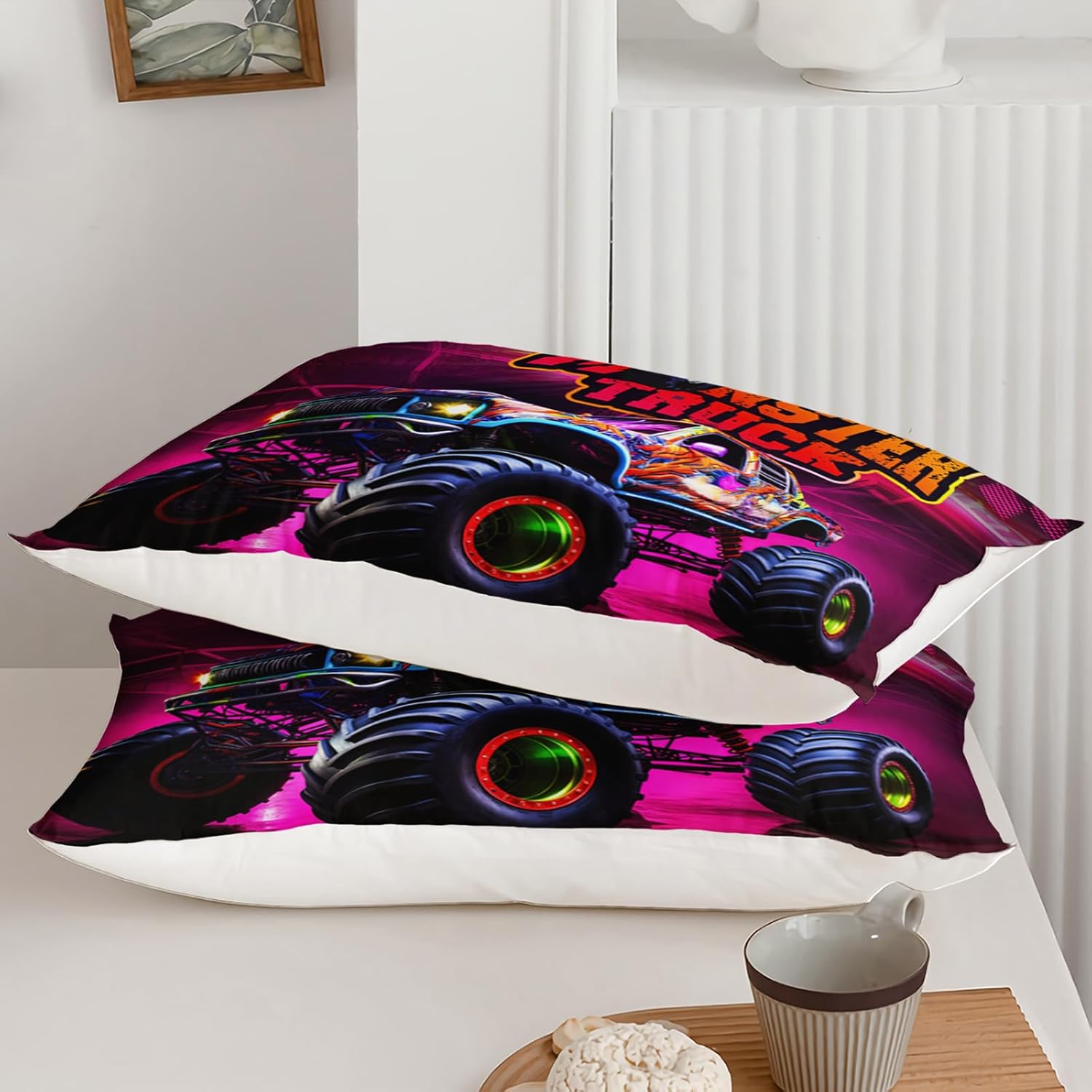 Monster Truck Comforter Set Full Size, Racing Sport Bedding for Boys Teens Adults, Colorful Painting Monster Truck Bedding Room Decor