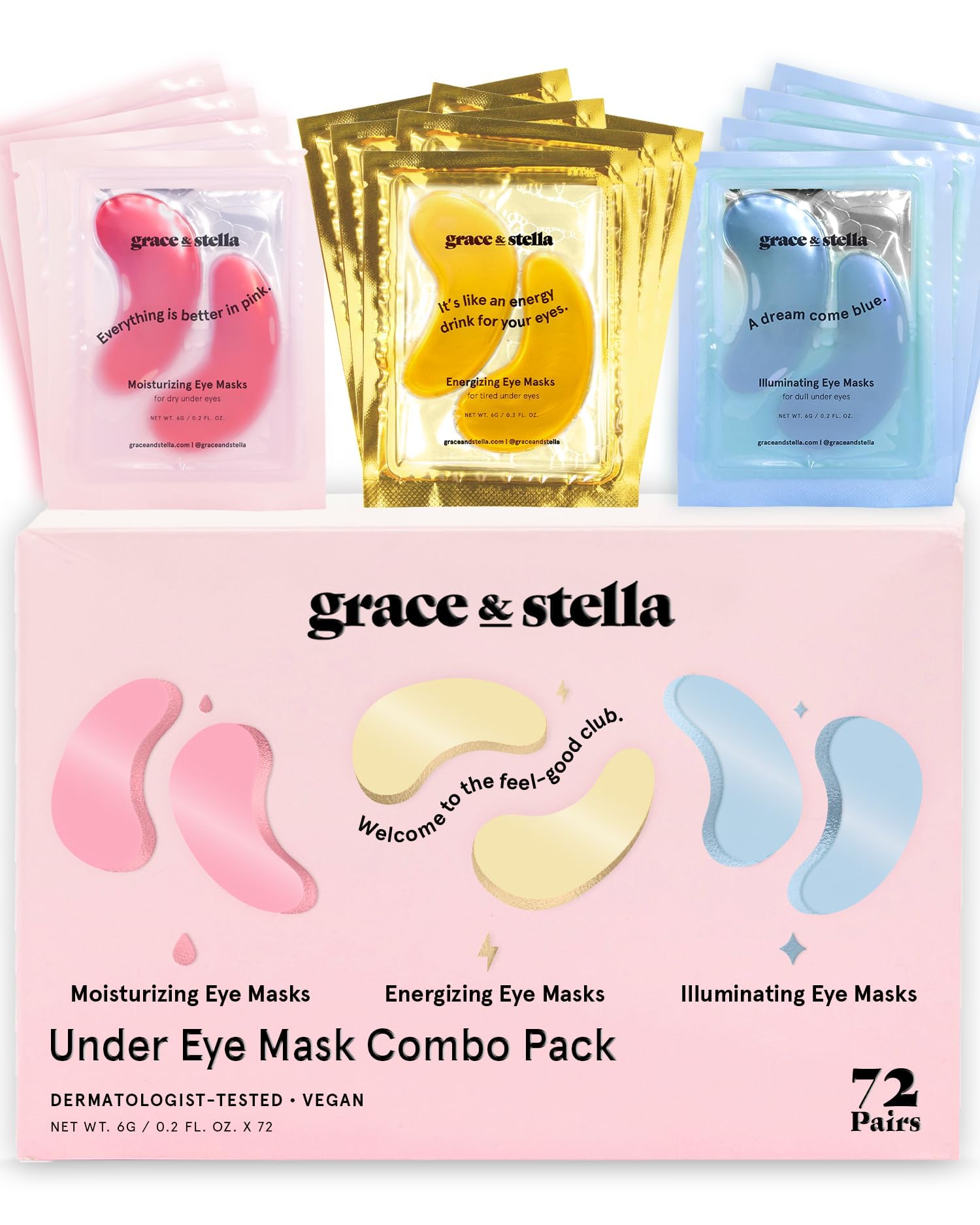 grace & stella Under Eye Mask - Reduce Dark Circles, Puffy Eyes, Undereye Bags, Wrinkles - Gel Under Eye Patches, Vegan Cruelty-Free Self Care (72 Pairs, GoldPinkBlue)