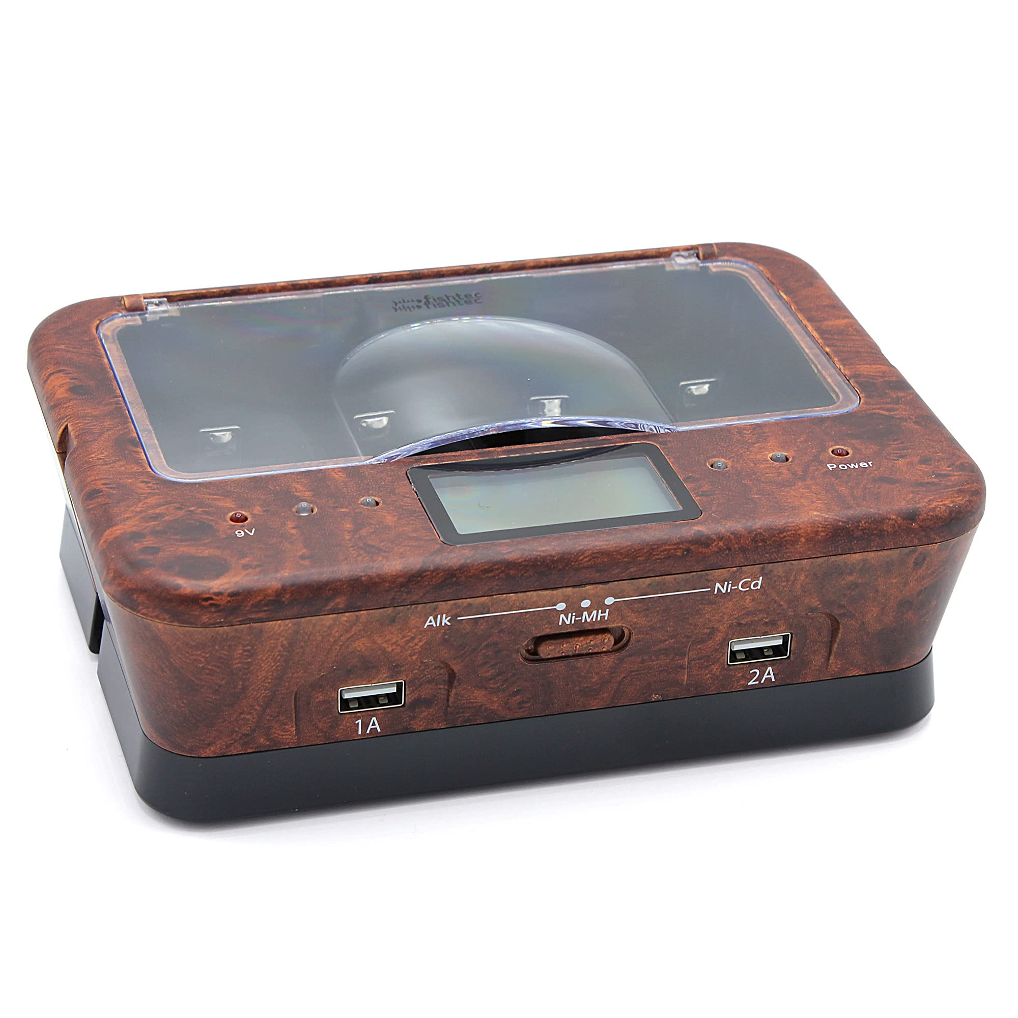 Cargador de Pilas Recargables AA/LR6, AAA/LR3, C/LR14, D/LR20, 9 V, NiCd y NiMh + alcalinas – Pantalla LCD – Indicador de Carga – Cargador Universal 4 Pilas + 2 Puertos USB – Lupa de Orme – Madera