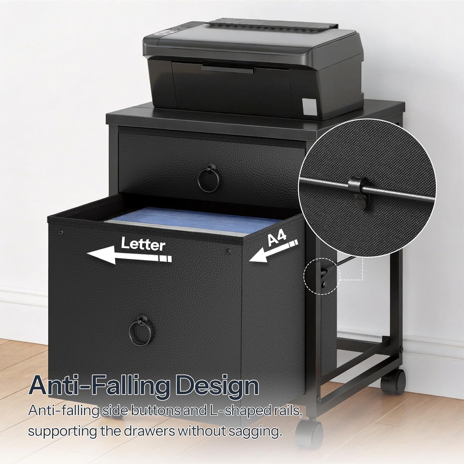 HOOBRO File Cabinet, 2-Drawer Vertical Mobile Office Cabinet, Rolling Printer Stand, for A4/Letter Size Files, Nonwovens Drawer, for Home Office, Black BB21WJ01