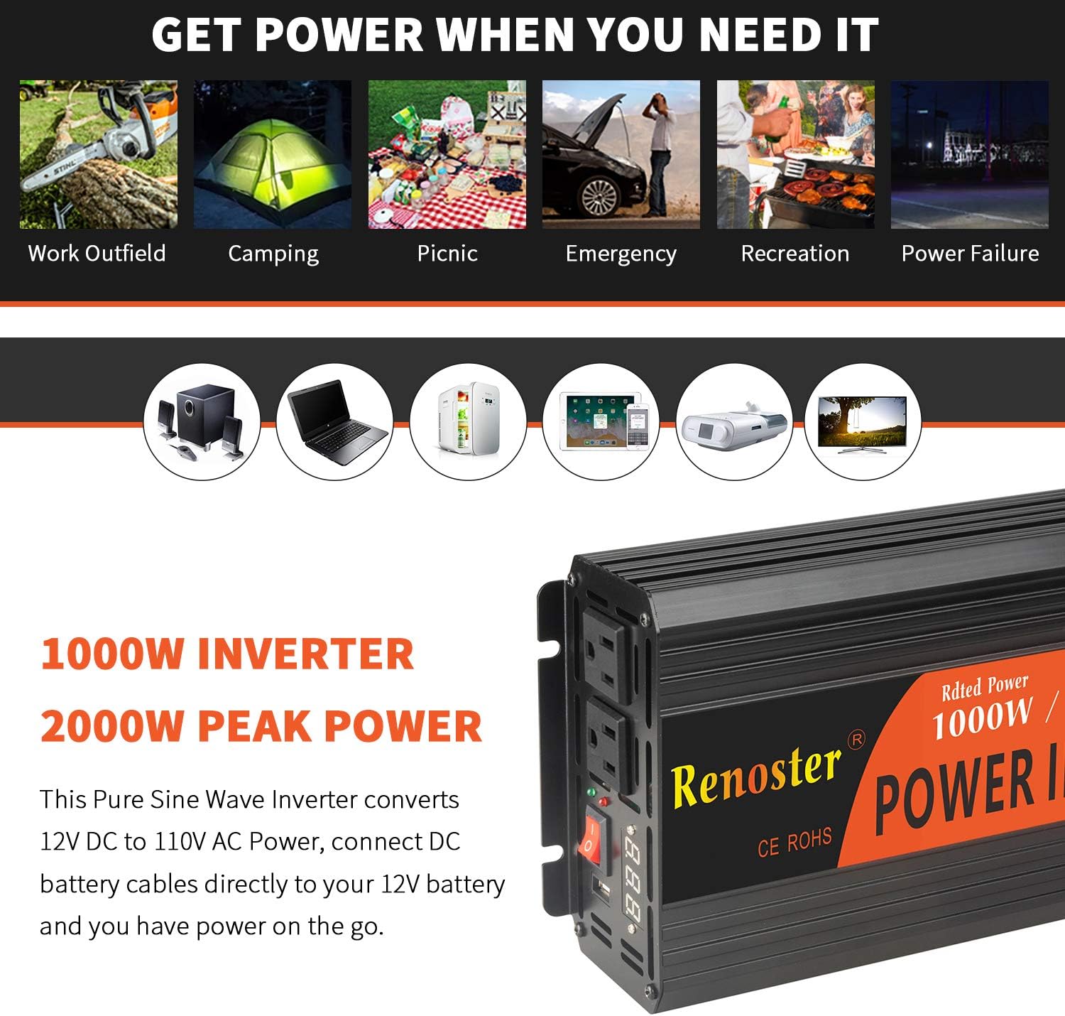 Hottest Sale Renoster 1000W Pure Sine Wave Inverter Power Converter DC 12V to AC 110V with Rechargeable Remote Control 2 US-Standard Plugs and 2.4A USB Port for RV Truck Road Travel Emergency Tools