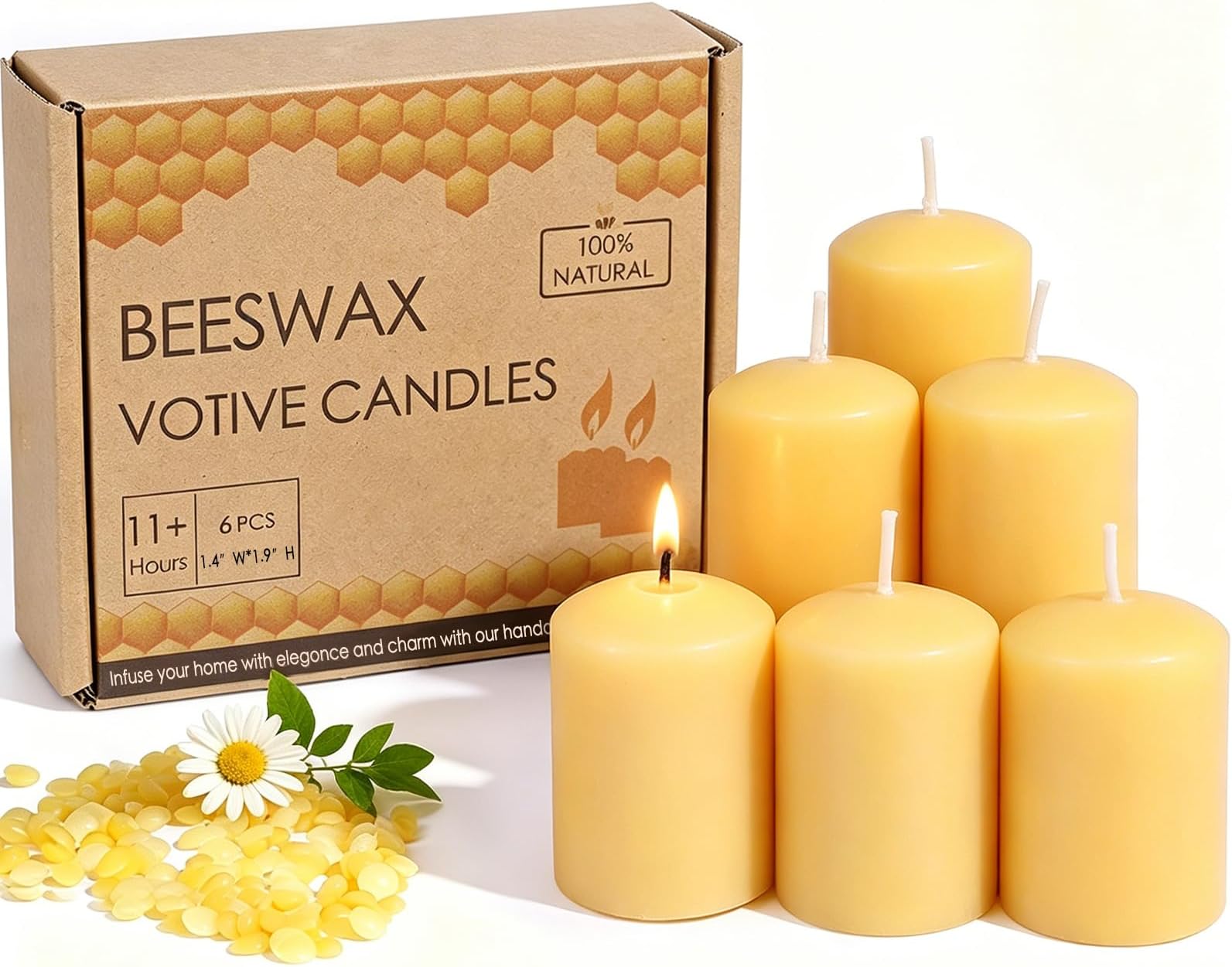 Natural Beeswax Votive Candles,11-12 Hours Unscented Votive Candles Bulk,6 Pack Beeswax Candle for Prayers,100% Pure Bees Wax Candles for Spa Relax