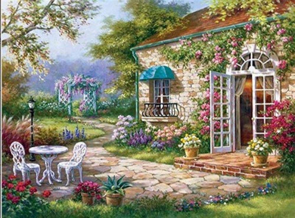 Broderie diamant point de croix grand format 60x85 cm motif de jardin en résine