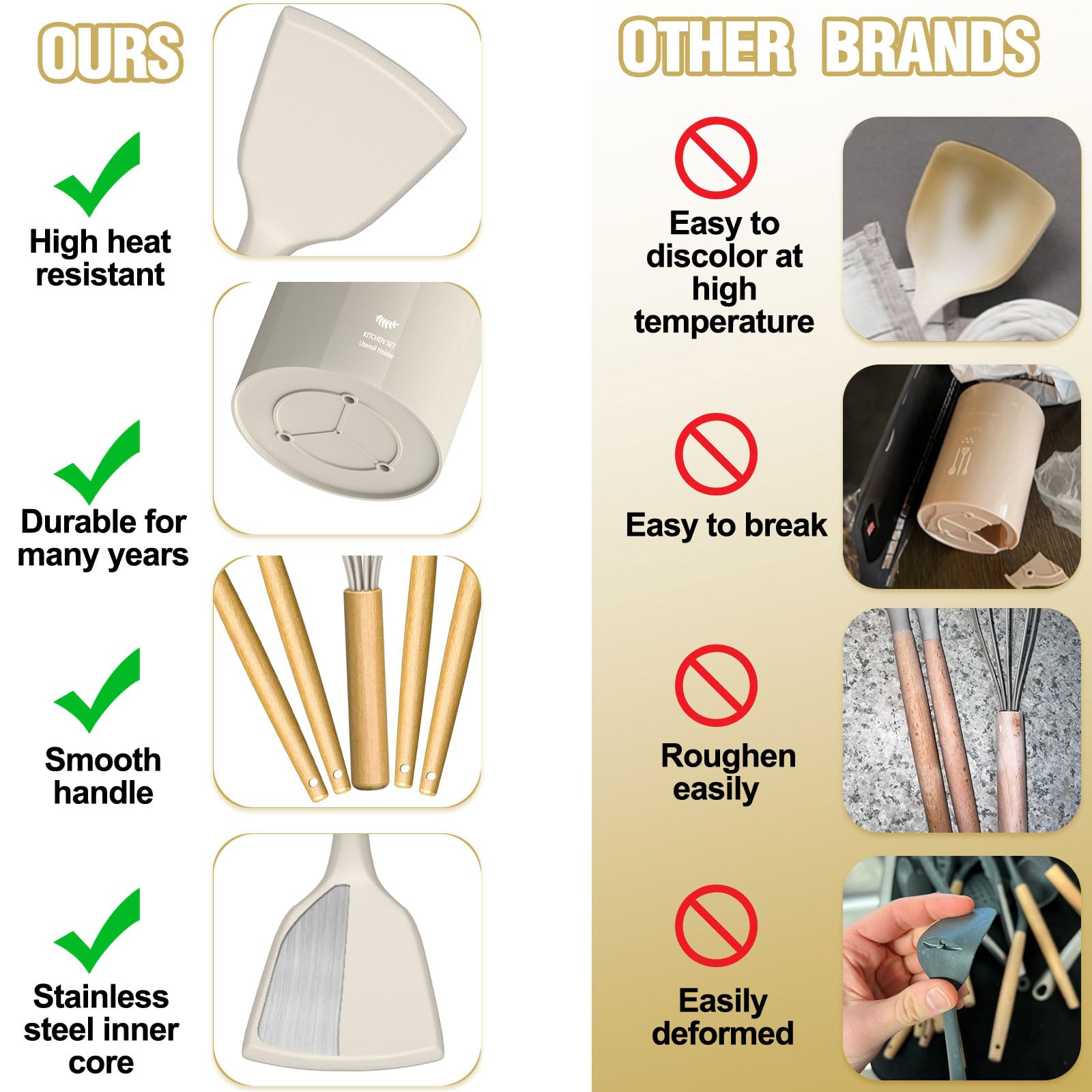 Terlulu Ensemble d'ustensiles de cuisine, 34 pièces en silicone avec manche en bois, ensemble d'ustensiles de cuisine résistant à la chaleur, pinces, spatules et cuillères pour ustensiles de cuisine