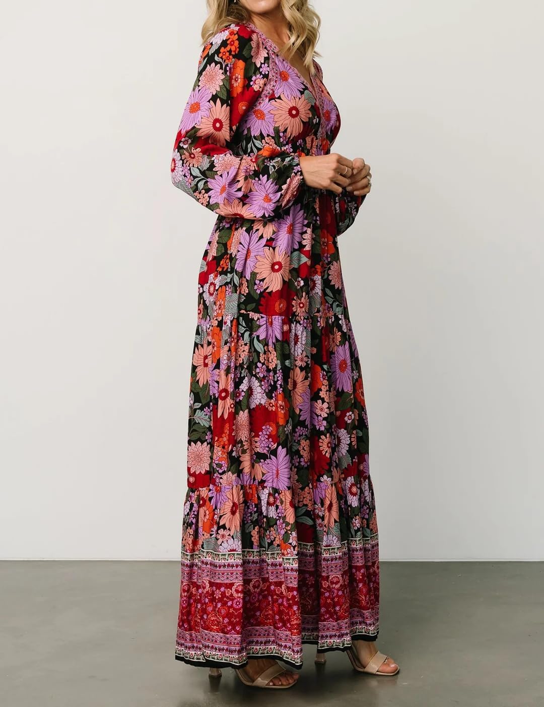 R.Vivimos Women's Boho Floral Print Maxi Dress V Neck Long Sleeve Elastic Waist Casual Flowy Slit Long Sundress - Image 4