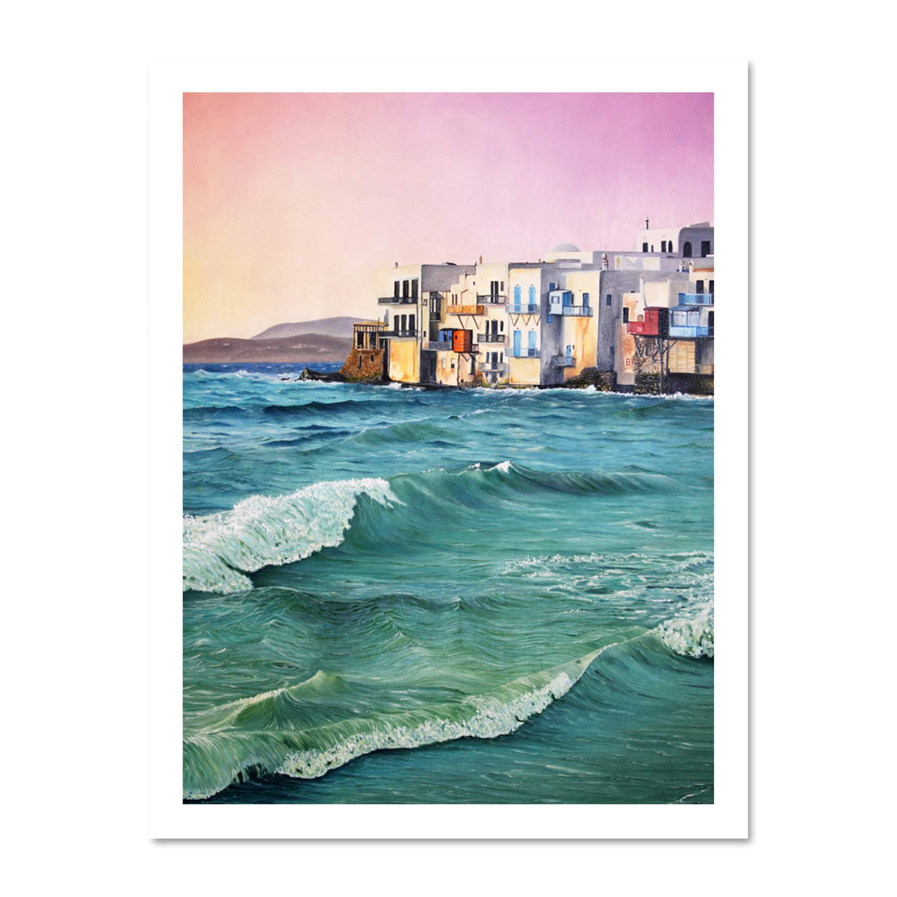 Wee Blue Coo Greece By The Sea Painting Large Framed Art Print Wall Poster 18x24 inch