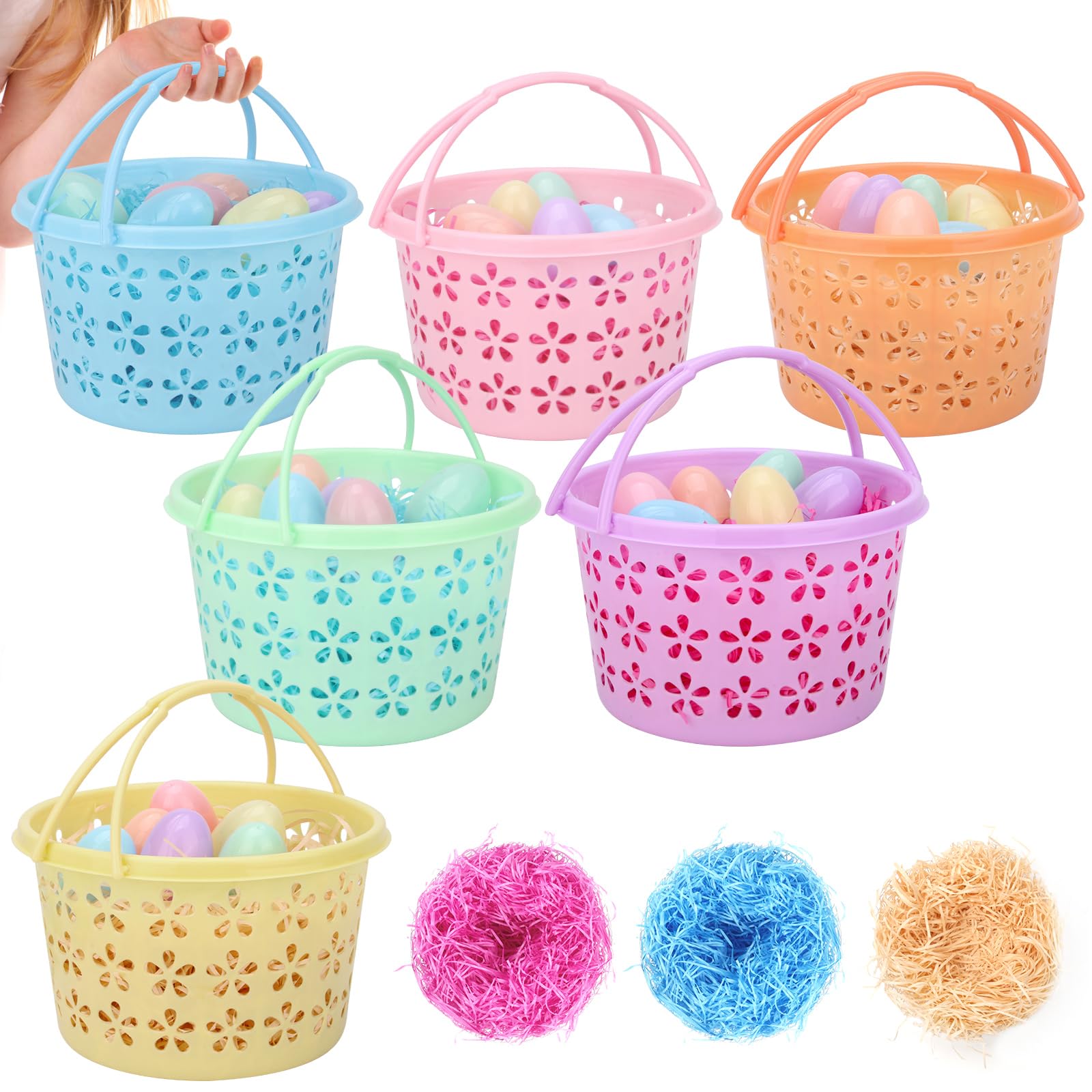 GameXcel 6 Pack Easter Eggs Basket Set for Kids-Plastic Basket with 3Pack Tricolor Grass 36 Pieces Easter Eggs-Easter Decorations Party Favors
