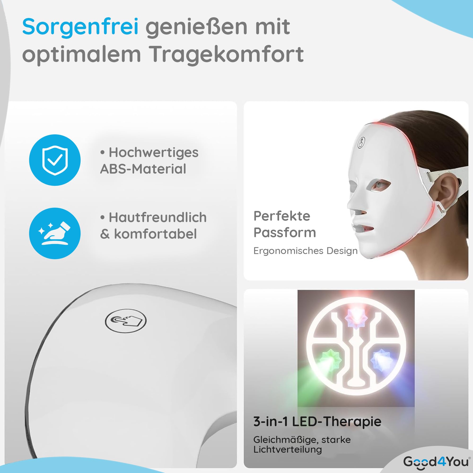 Good4You - LED-Gesichtsmaske - LED-Maske - LED-Maske Hautpflege - LED-Therapie - Gesichtsmaske - Akne-Behandlung - Infrarot-Therapie - Infrarotlampe - Lichttherapie- 7 Farben - Timer - Weiß