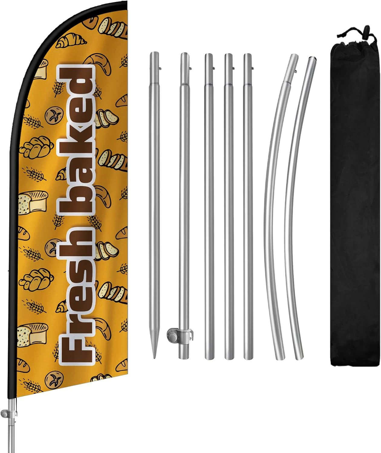 8FT Fresh Baked Swooper Flag, Portable Baked Signs with Stainless Steel Flagpole, Ground Stake, Eye-Catching Business Feather Flag for Baking Shop Outdoor Advertising