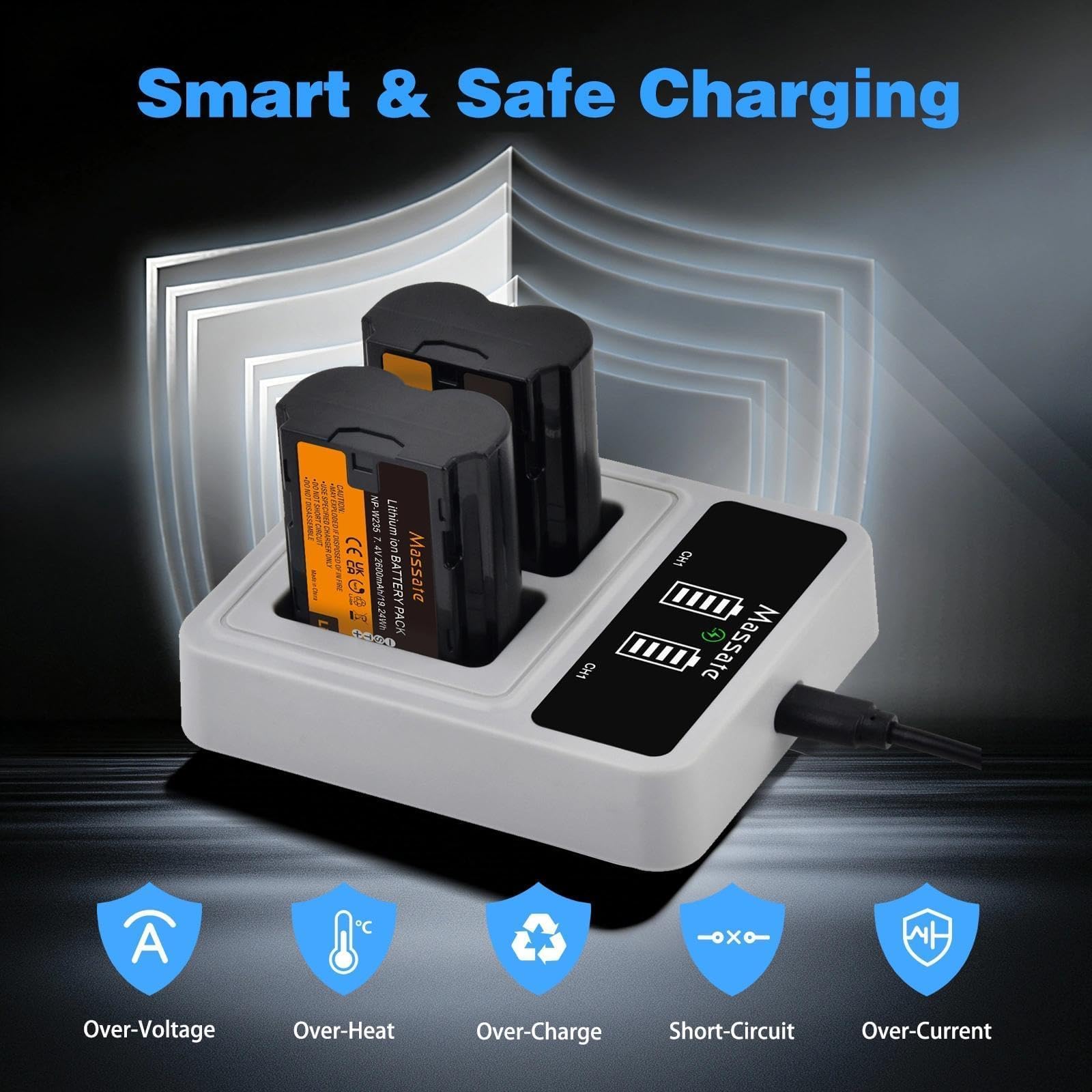 NP-W235 2Pcs 2600mAh Batterie + PD20W LED Chargeur Rapide - Charge Complète en 2,5 Heures - Batterie NP-W235 pour Fujifilm XT5, XT4, XS20, XH2, XH2S, GFX 50S II, GFX 100S