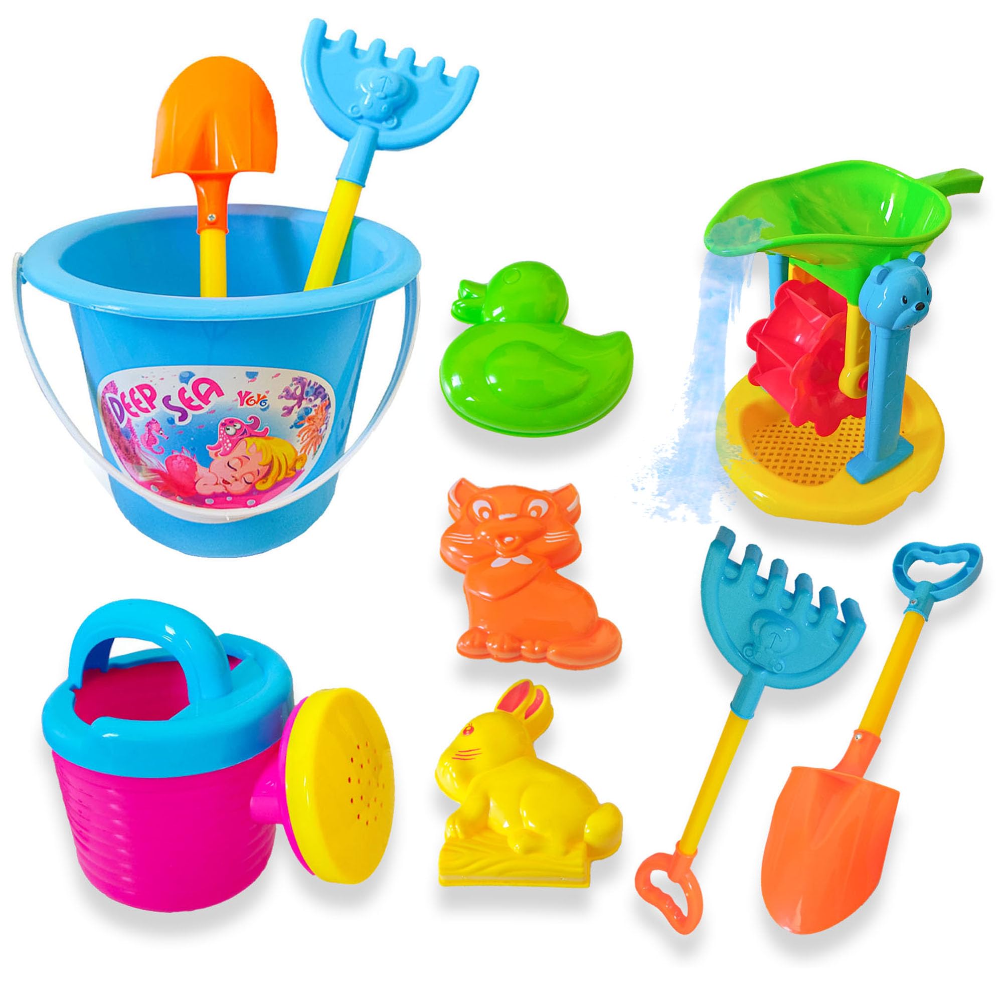 VersaMarts Bucket Beach Toy Set – Outdoor Water and Sand Toys for Children 18 Months+ – Includes Bucket, Water Jug, Sand Moulds, Shovels, and More