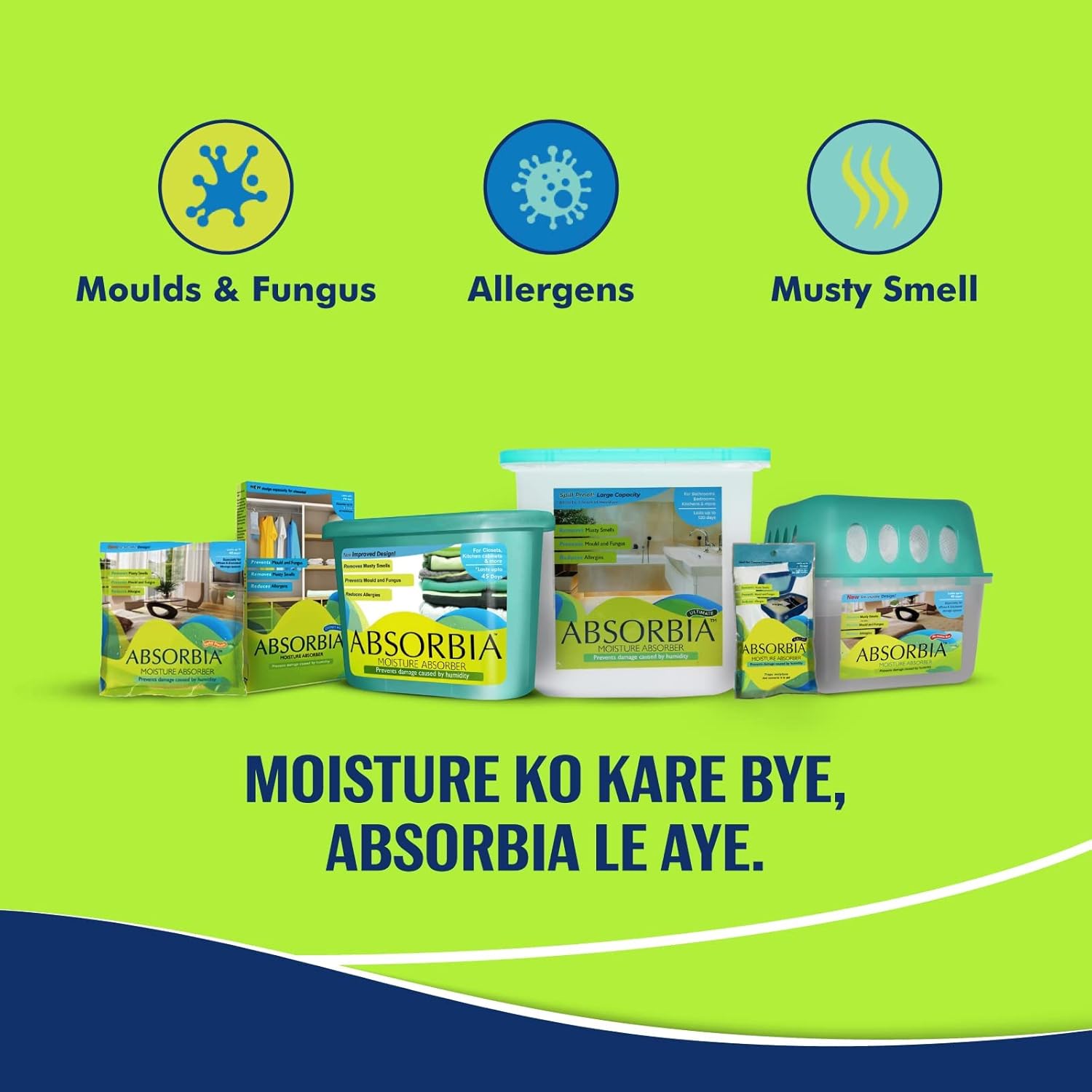 ABSORBIA Moisture Absorber, Classic - Dehumidier For Wardrobe, Cupboards & Closets, Fights Against Moisture, Absorption Capacity 600Ml Each, Family Pack Of 3 (300Gms X 3 Boxes), Green