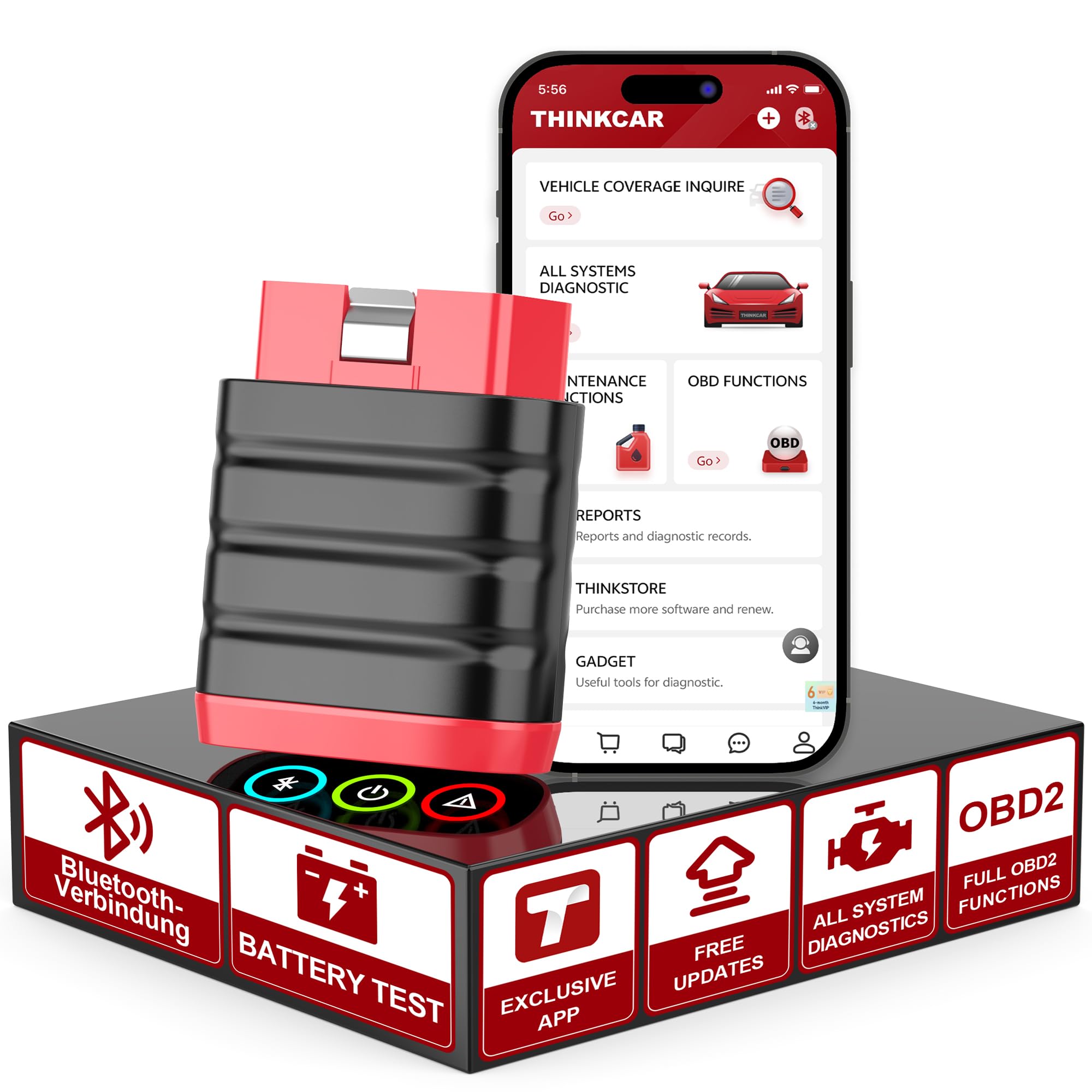 OBD2 Bluetooth Adapter für iOS & Android, ThinkDiag Mini OBD2 Diagnosegerät Mit Alle Systemdiagnosen, Diagnosegerät Auto für Fahrzeuge, Exklusive APP/Batterietest/VIN