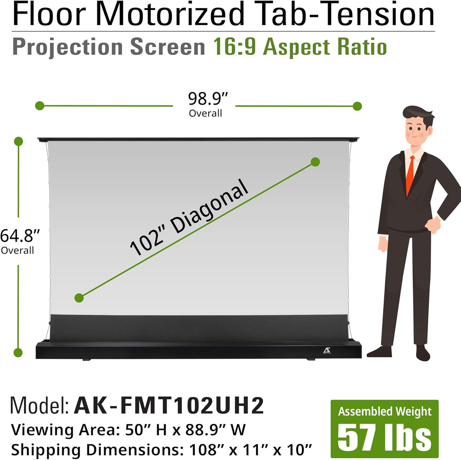 Akia Screens 102 inch Motorized Floor Rising Projector Screen, Pull Up Tab-Tension CineWhite 4K 8K HDR Home Theater Movie Screen for UST Short Throw, Remote Control, AK-FMT102UH2-X