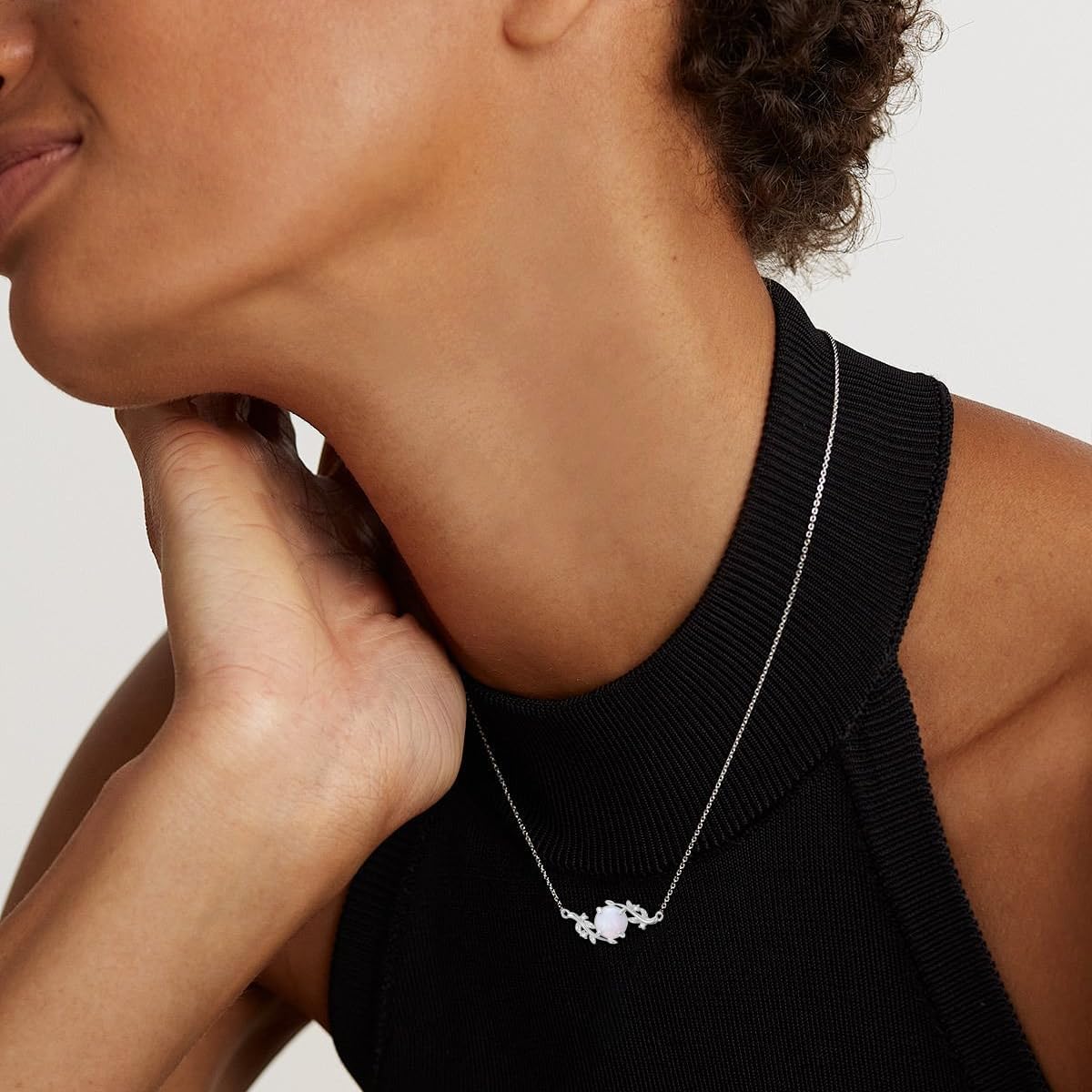 Opal Necklace 925 Sterling Silver Dainty Leaf with White Opal Pendant Necklace Birthday Christmas Gift for Women Her - Image 3