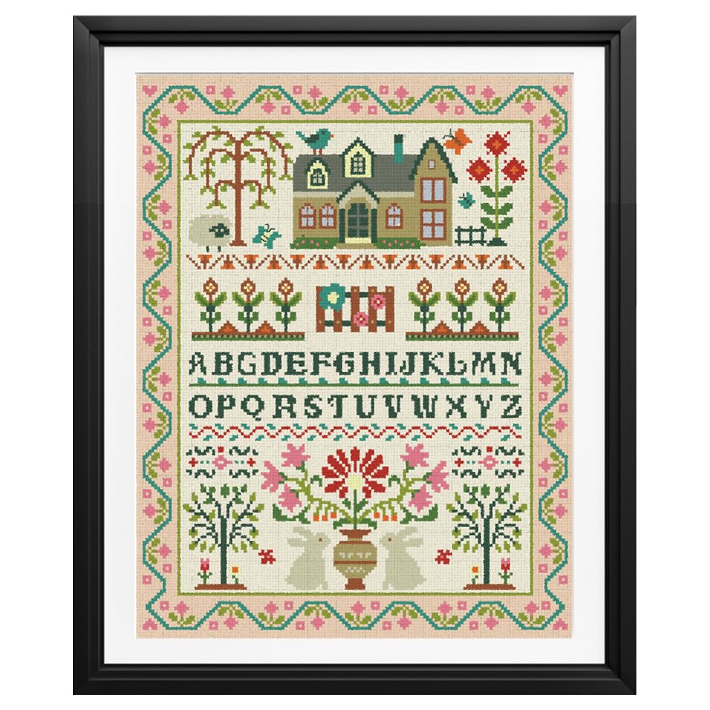FREEBLOSS 11CT Stamped Cross Stitch Kits Folk Art House Pattern Cross Stitch Wall Painting Kit Embroidery Needlepoint Set for Beginners Adults 40x50cm/15.7x19.7inch
