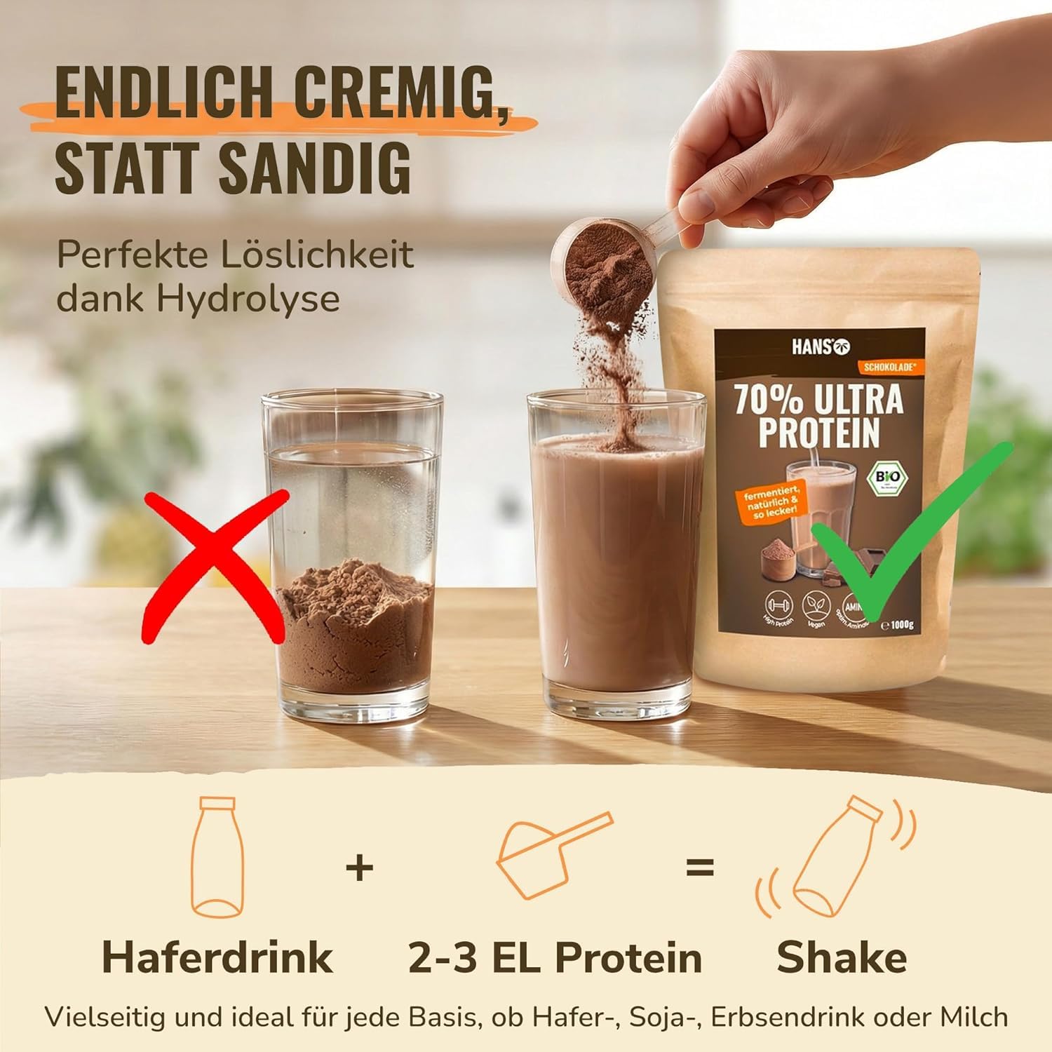 HANS Brainfood Veganes Proteinpulver Schoko - Bio Zertifiziert aus Bayern – 70% fermentiertes Erbsenprotein ohne Süßungsmittel, cremig & gut löslich – Protein Pulver vegan (3000g)
