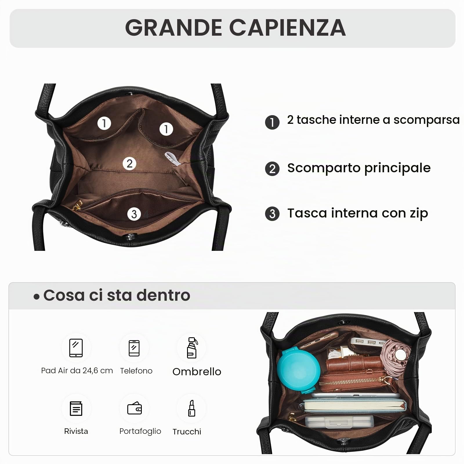 Kattee Borsa a tracolla da donna in vera pelle morbida con chiusura magnetica superiore