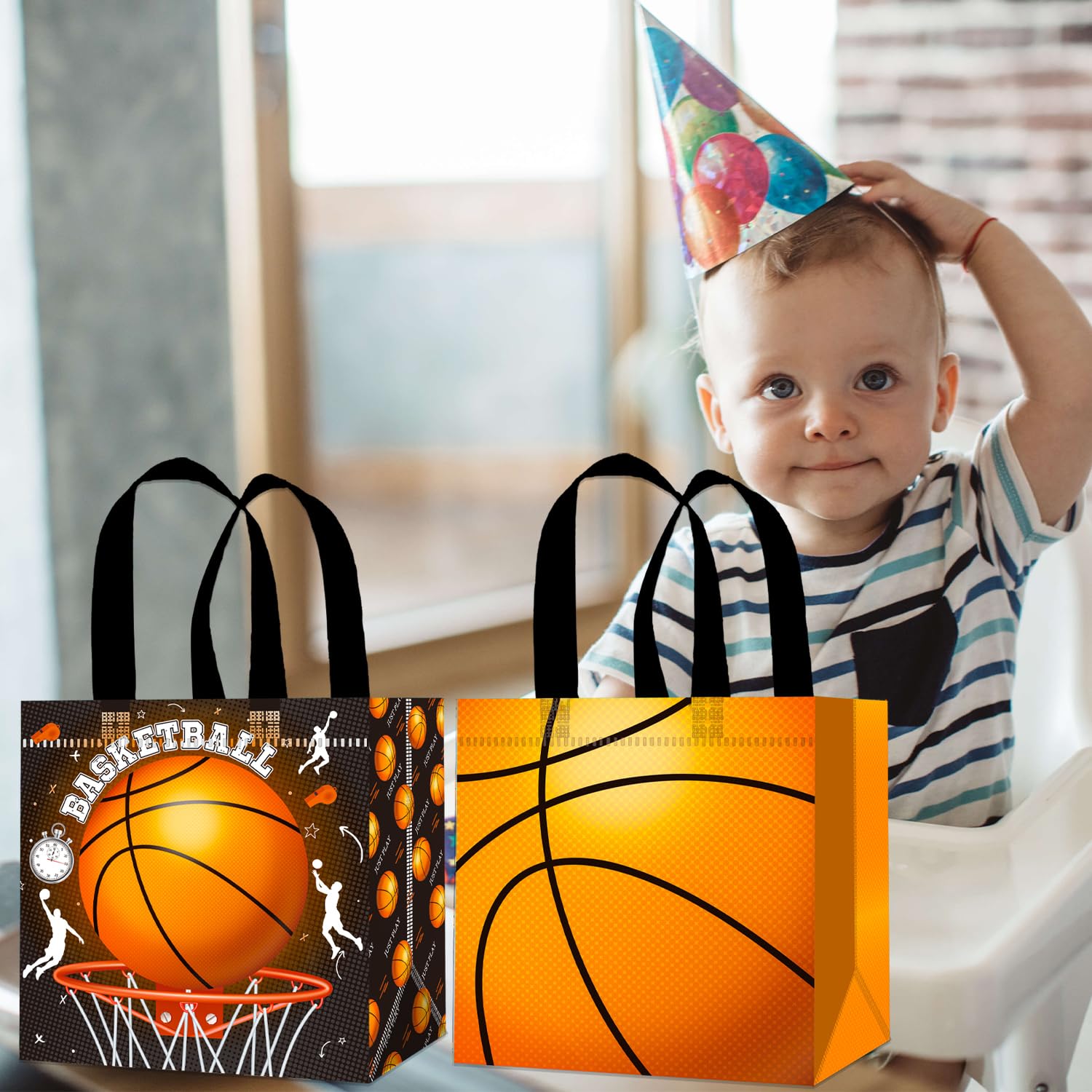 Basketball Party Favors Bags 12PCS Basketball Birthday Party Supplies Basketball Goodie Bag with Handles Sport Sport Ball Non-woven Candy Treat Snack Bags for Birthday Retirement All Star Party Decor