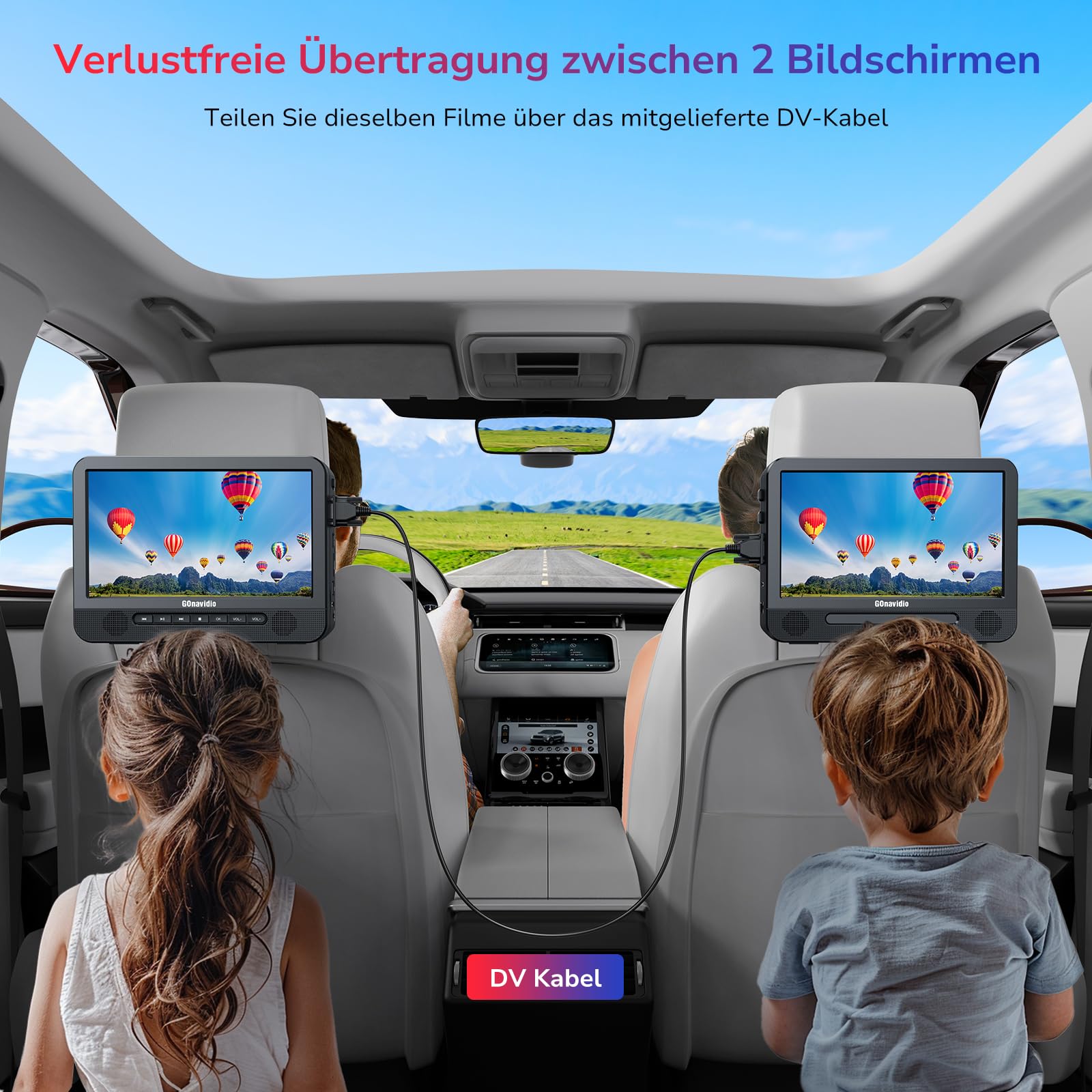 GOnavidio Blu Ray DVD Player Auto 2 Bildschirme 10,5" Mit 5 Stunden Akku HDMI-Ausgang, tragbarer Bluray DVD Player Auto Fernseher, Surround-Sound Effekt Mit AV IN- und AV Out-Funktion