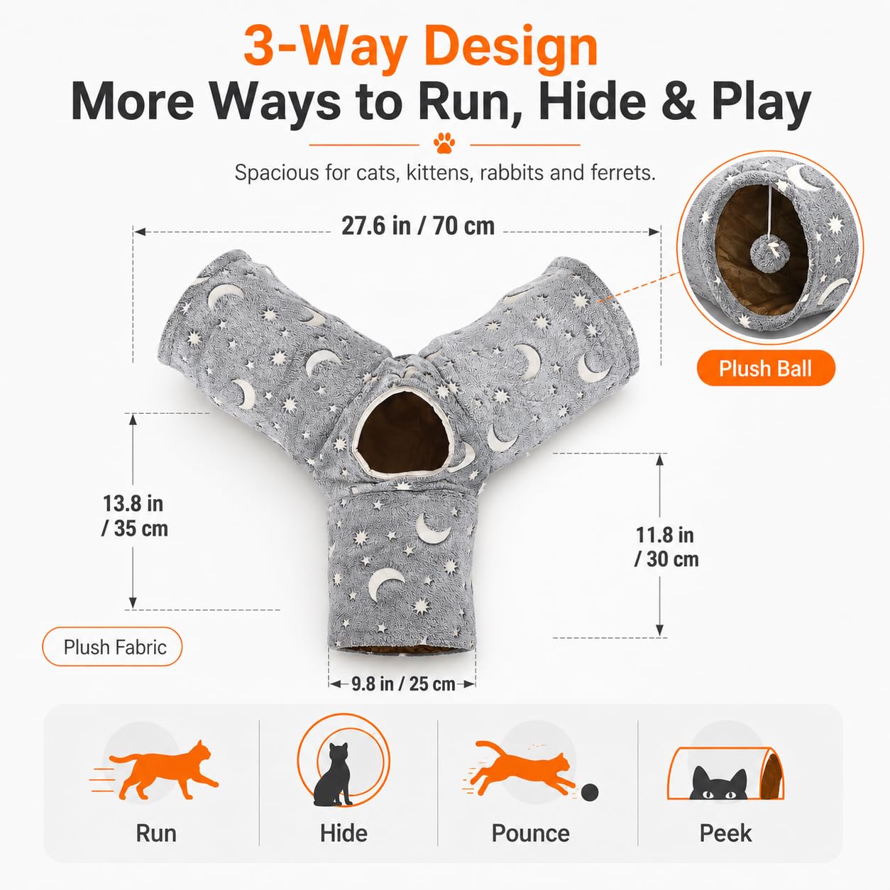 Túnel de tubo para gatos con bola de felpa plegable, autoluminoso, para gatos pequeños, conejos, gatitos, hurones, cachorros y perros, estrella lunar gris de 3 vías
