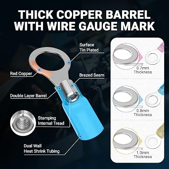 300Pcs Marine Grade Heat Shrink Ring Connectors Kit #10,1/4,5/16,3/8, Thickened Tinned Red Copper Wire Terminals, 3:1 Waterproof Insulated Crimp Connector Assortment for Boat Automotive RV