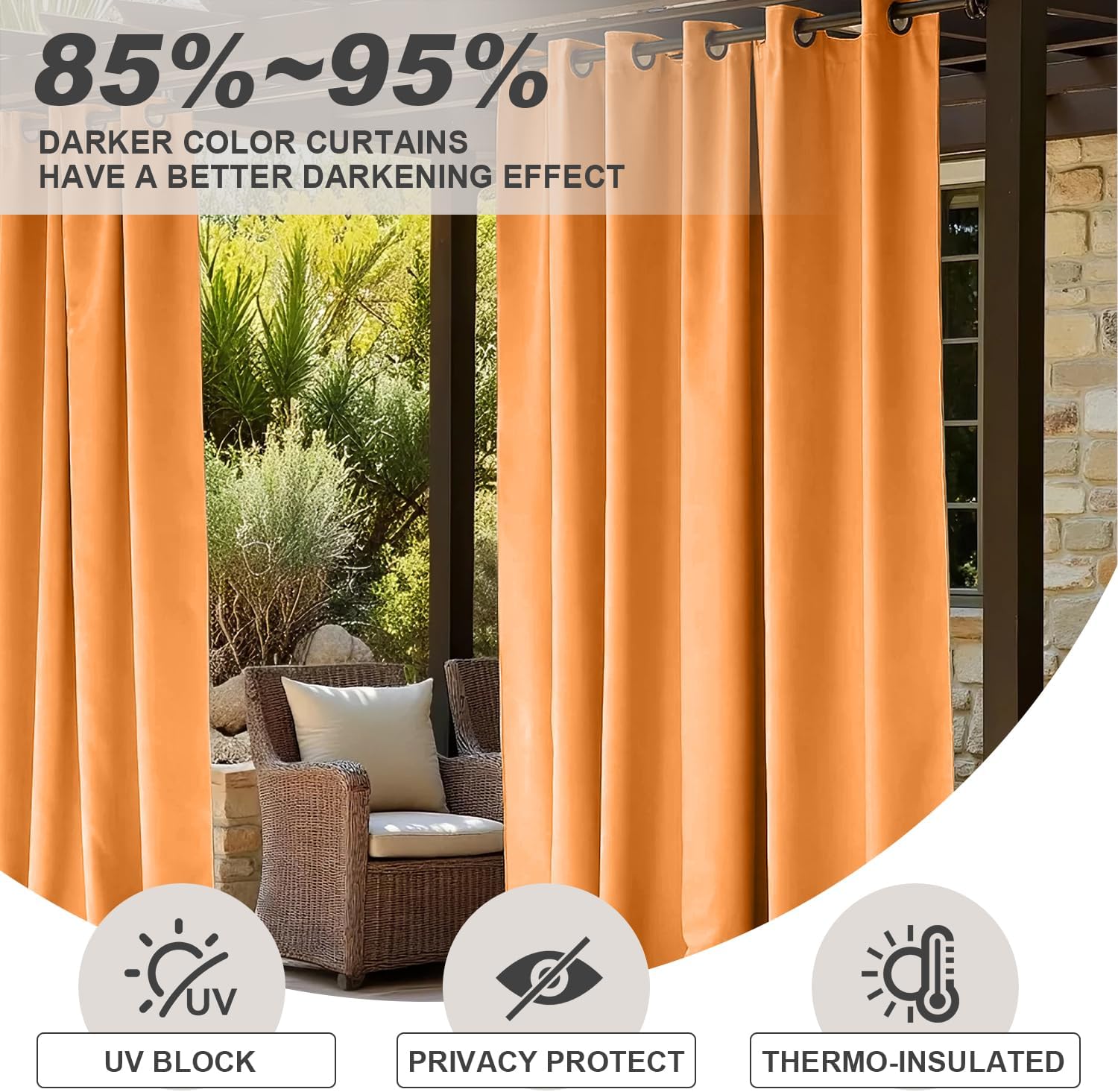 BLISSWALK Outdoor Patio Curtains Waterproof - Darkening Thermal Insulated Curtains for Porch, Pergola, Cabana - Sunproof Blackout Drapes with Rust Proof Grommets, Set of 2 Panels,Orange