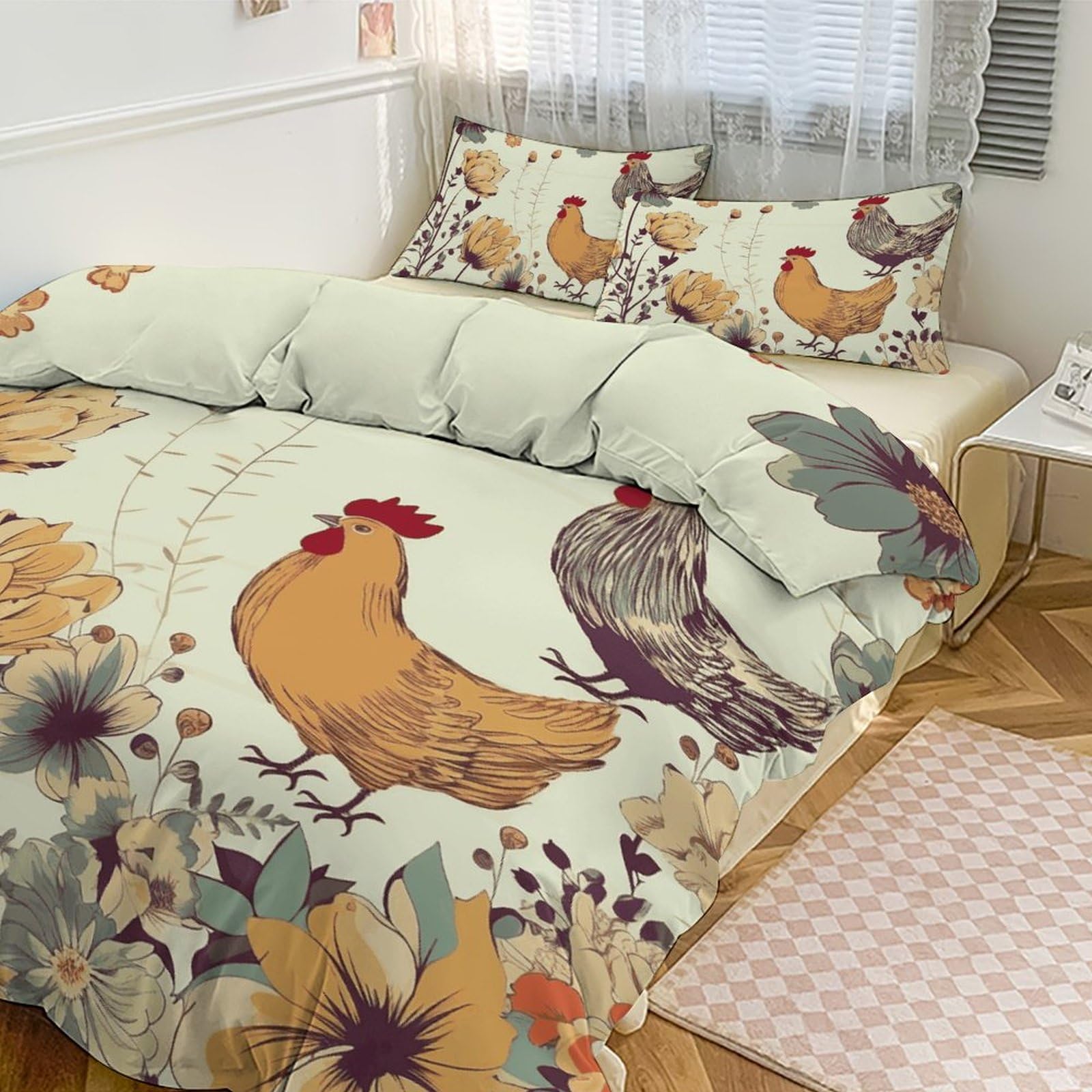 Parure de lit 3 pièces couette grand lit 218x177 cm poule fleurs papillons