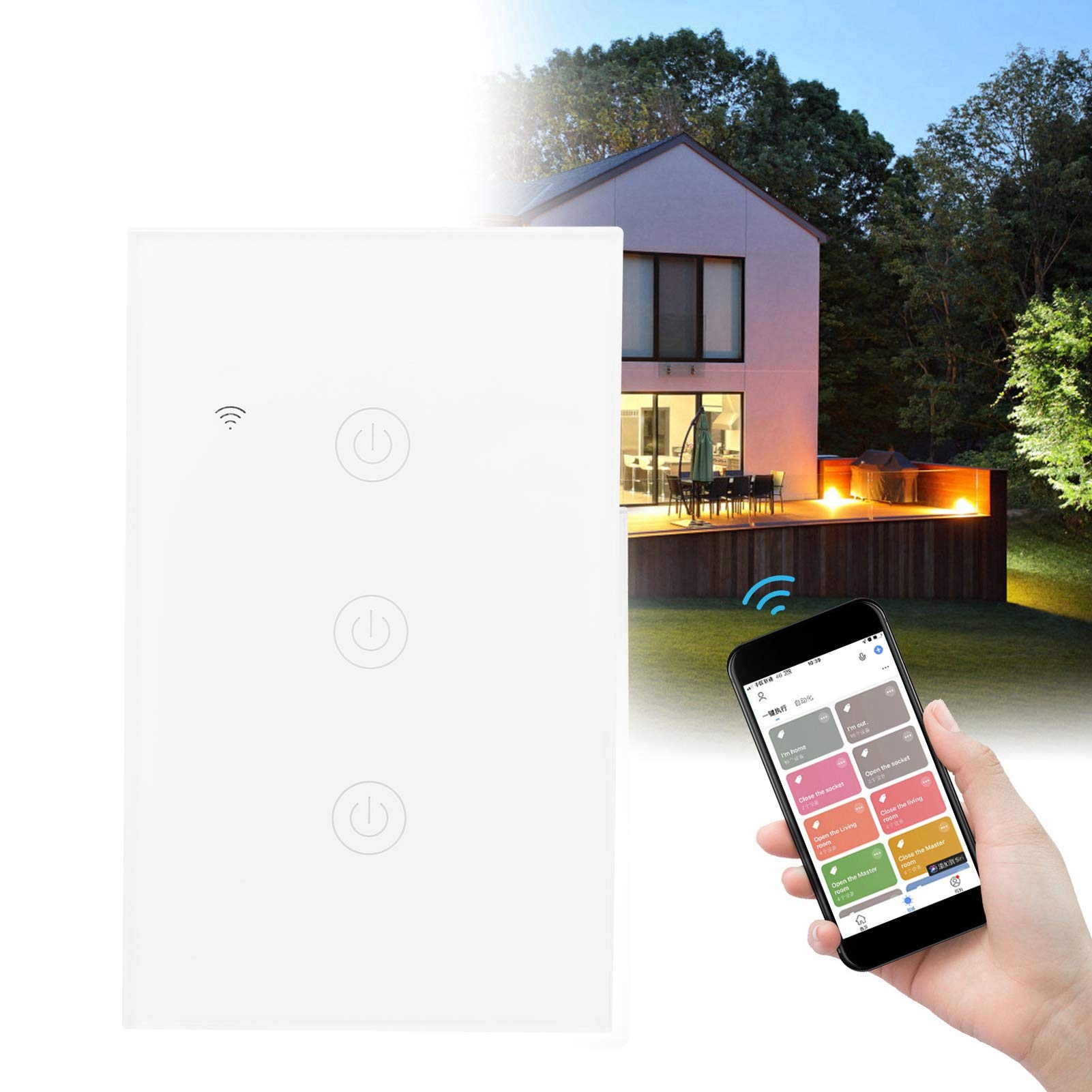 Interrupteur Intelligent WiFi 3 Canaux, Contrôle à Distance Lumière ON OFF 100-240VAC, Compatible Home, 600W par Canal