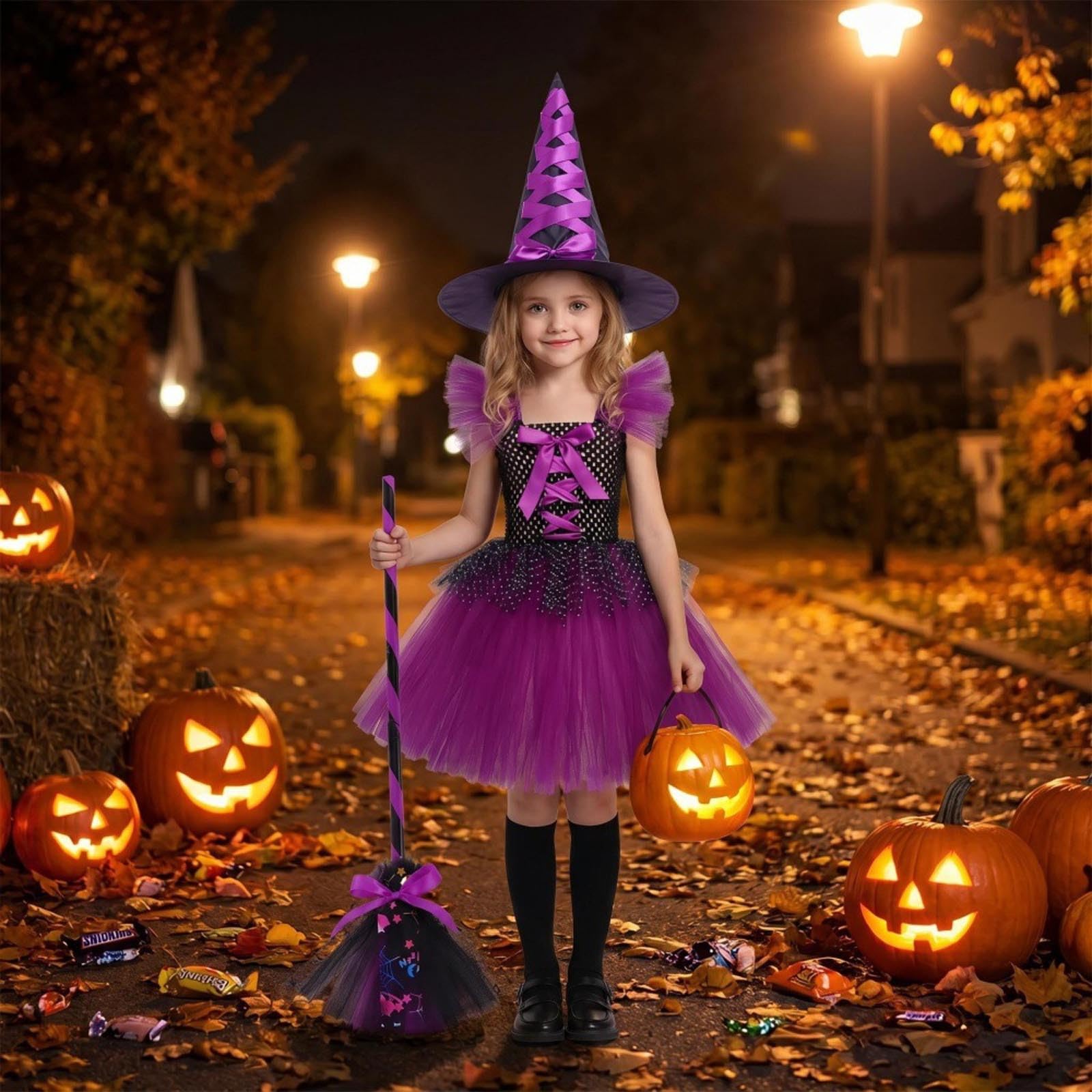 Hexen Kostüm Mädchen Halloween Kostüm Mädchen Karneval Cosplay Halloween Fasching Party Outfits Lila Set Mit Hut Besen Rock Und Umhang Violett Prinzessin Kleid Kinder Witch Costume